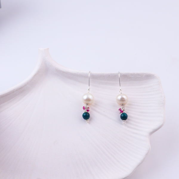 Blue Agate, Ruby & Pearl Silver Earrings (Project Handmade)