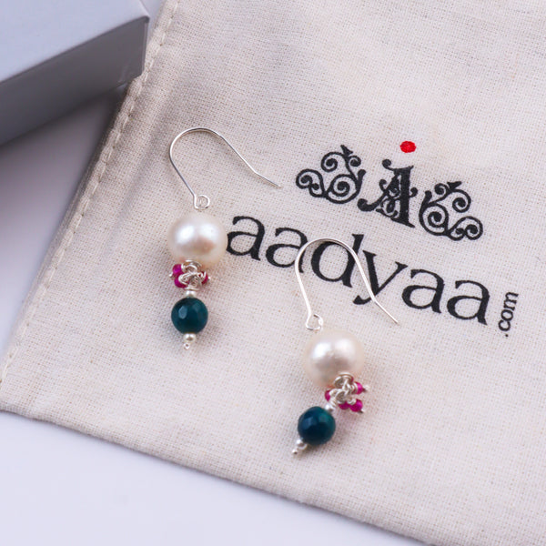 Blue Agate, Ruby & Pearl Silver Earrings (Project Handmade)