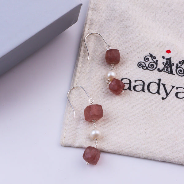 Strawberry Quartz & Pearl Silver Earrings (Project Handmade)