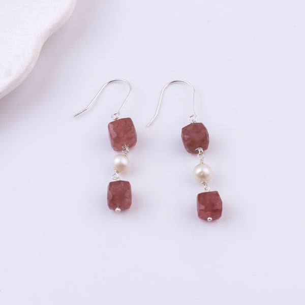 Strawberry Quartz & Pearl Silver Earrings (Project Handmade)