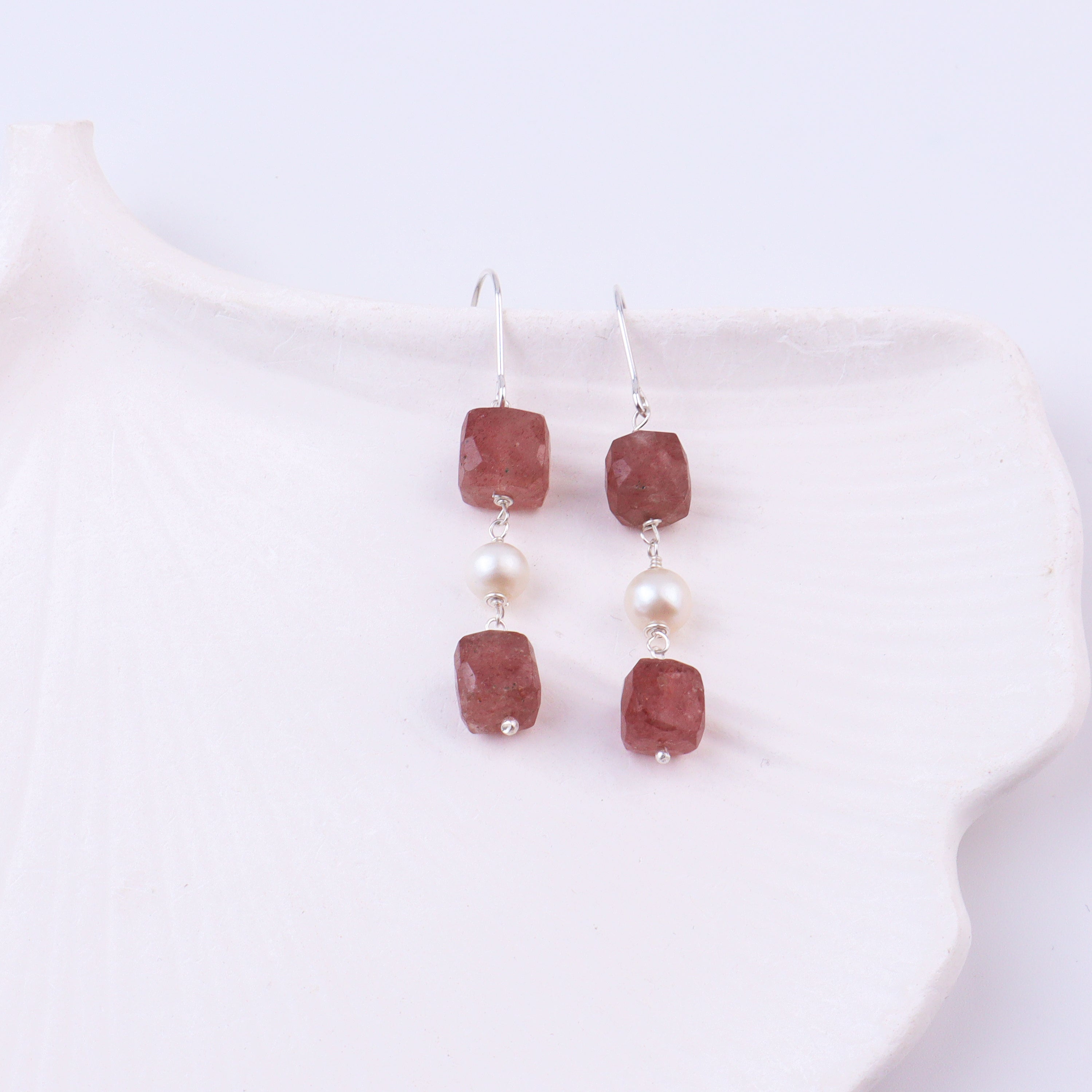 Strawberry Quartz & Pearl Silver Earrings (Project Handmade)