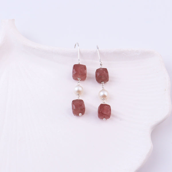 Strawberry Quartz & Pearl Silver Earrings (Project Handmade)