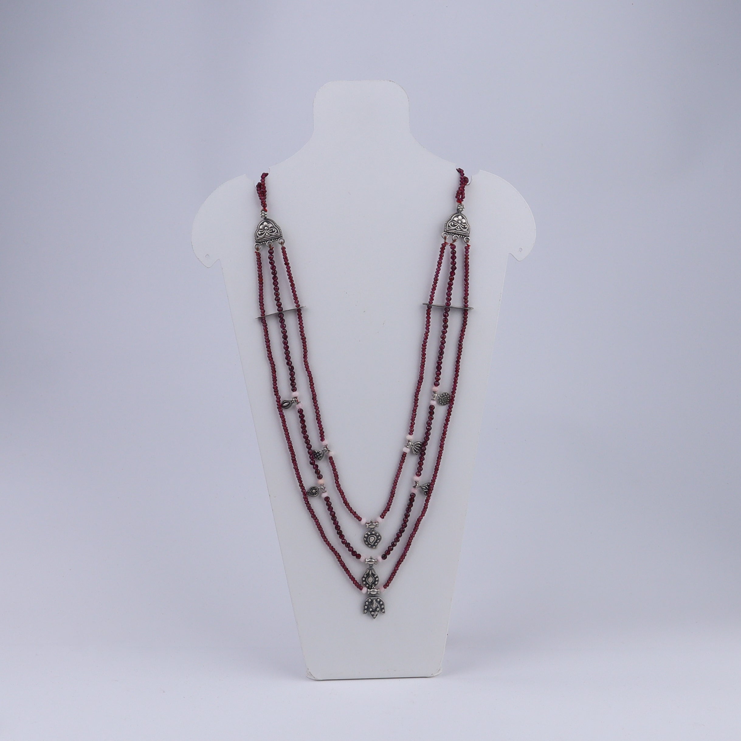Saaj Motif Satlada Inspired Necklace with Dual Size Garnet Stones and Moonstones (3 layered)