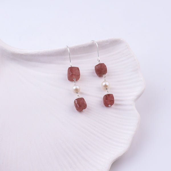 Strawberry Quartz & Pearl Silver Earrings (Project Handmade)