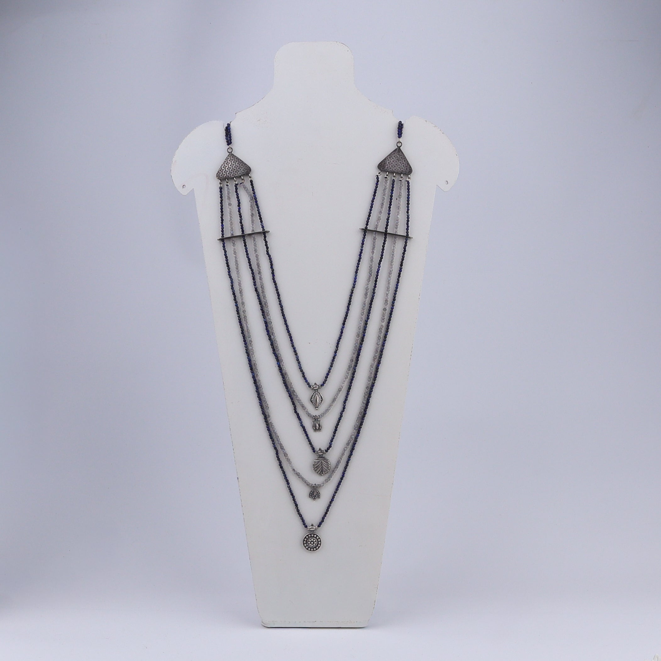 Saaj Motif Satlada Inspired Necklace with Lapis Lazuli and Labradorite Stones (5 layered)