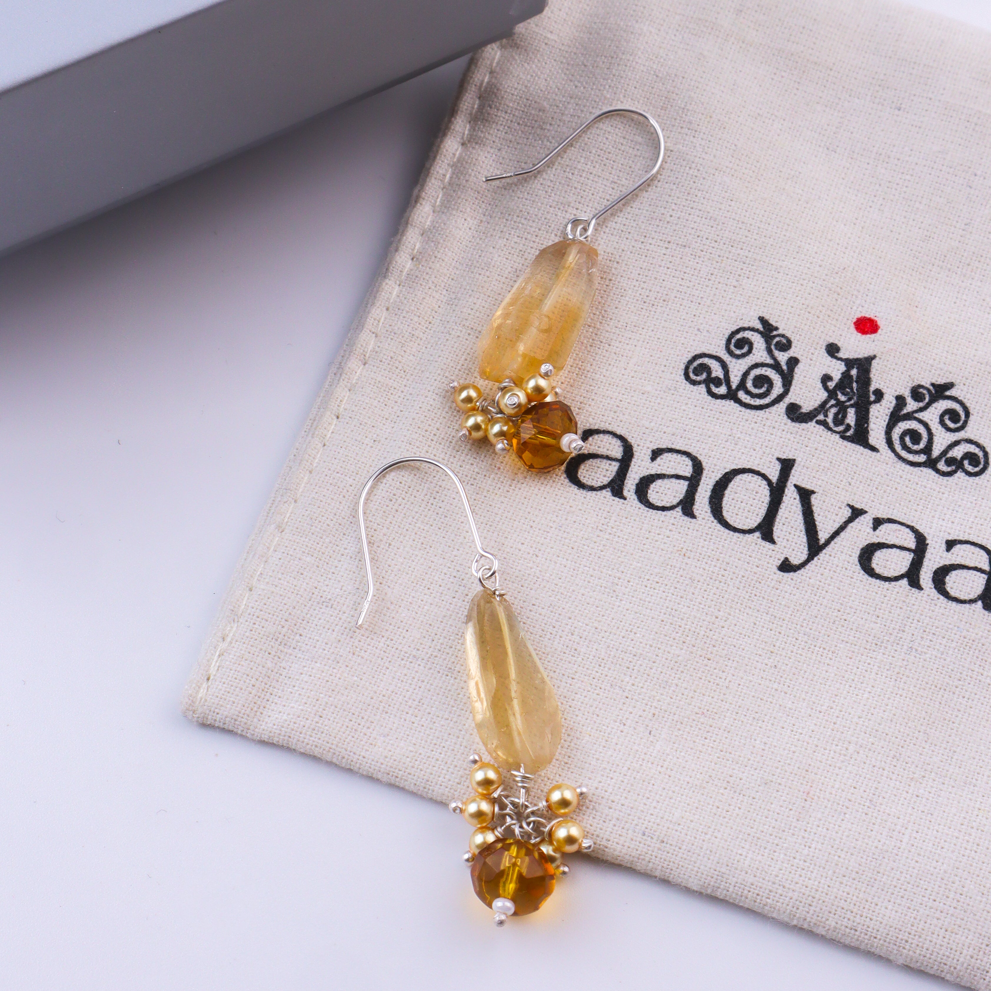 Citrine, Yellow Agate & Golden Pearl Silver Earrings (Project Handmade)