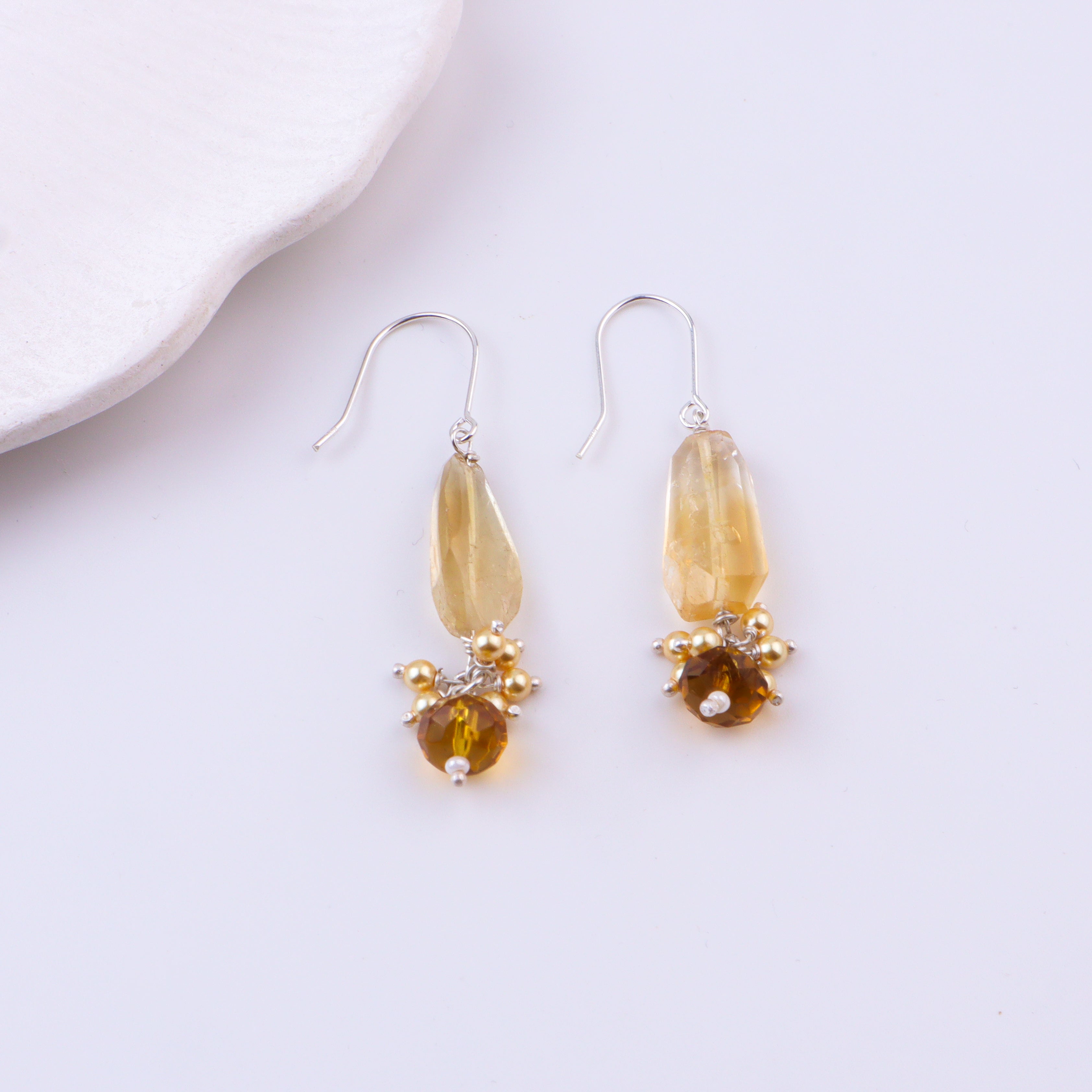 Citrine, Yellow Agate & Golden Pearl Silver Earrings (Project Handmade)