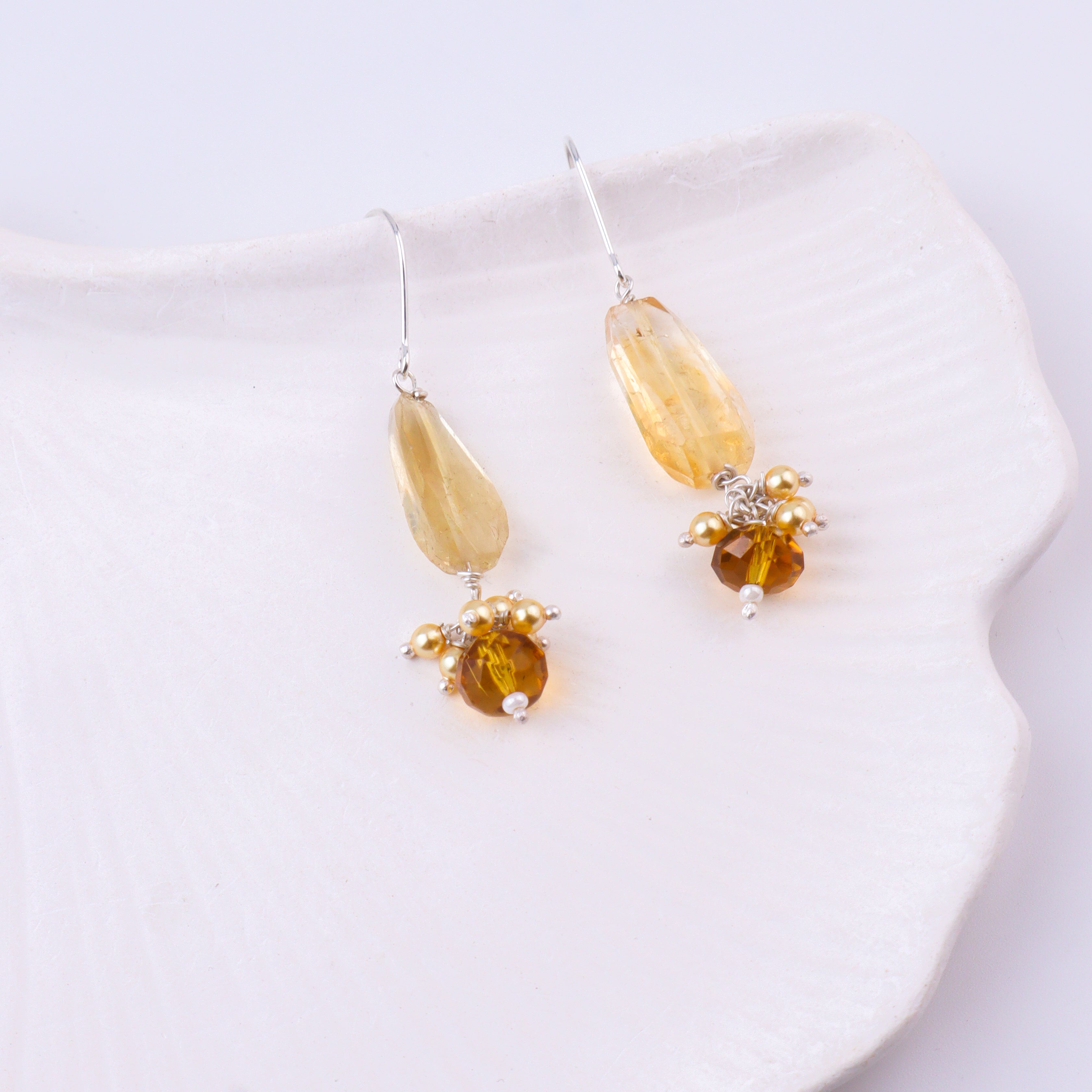 Citrine, Yellow Agate & Golden Pearl Silver Earrings (Project Handmade)