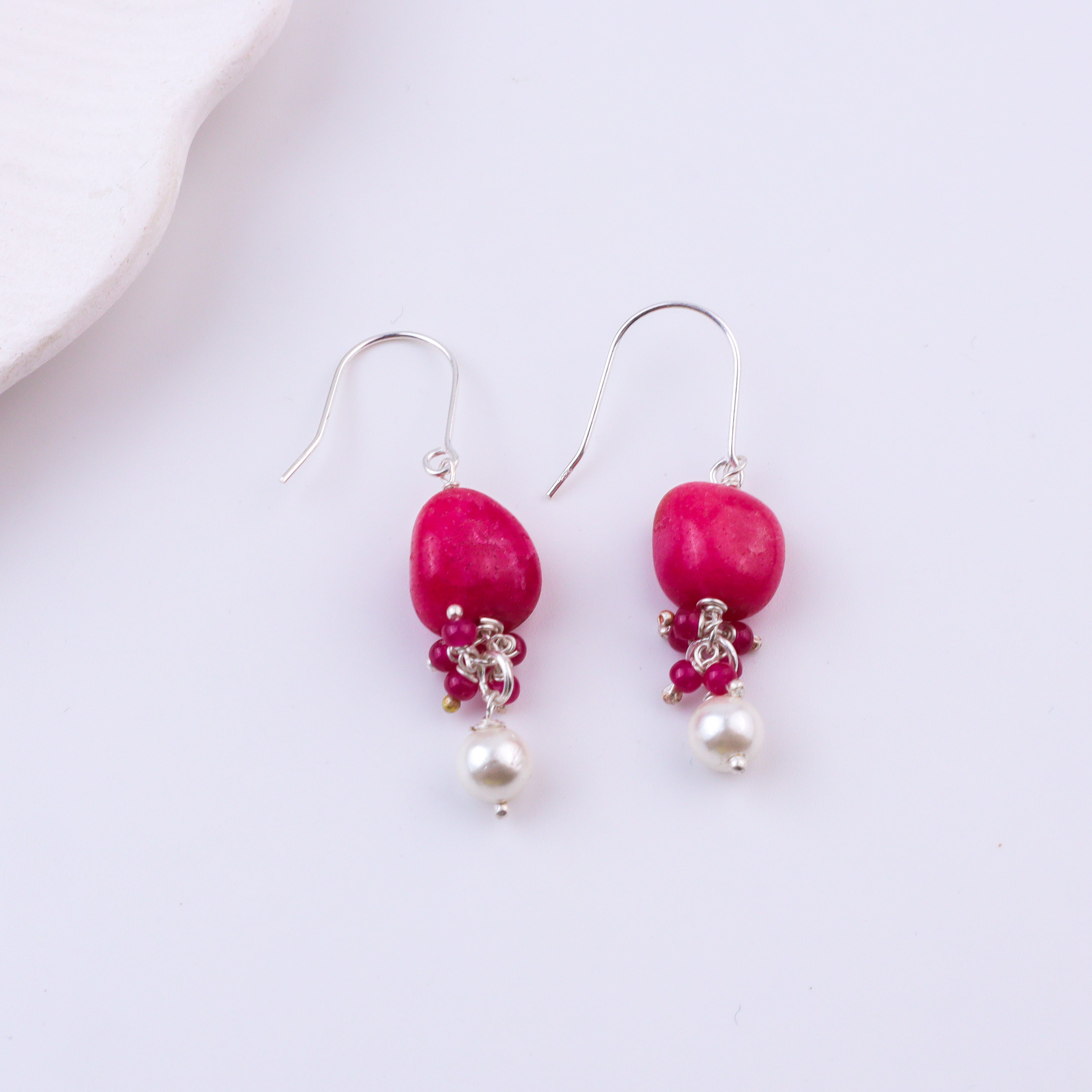 Pink Agate, Pink Jade & Pearl Silver Earrings (Project Handmade)