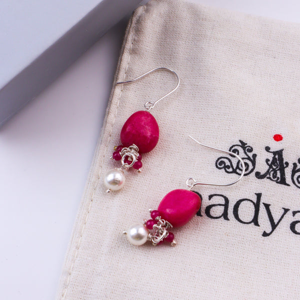 Pink Agate, Pink Jade & Pearl Silver Earrings (Project Handmade)