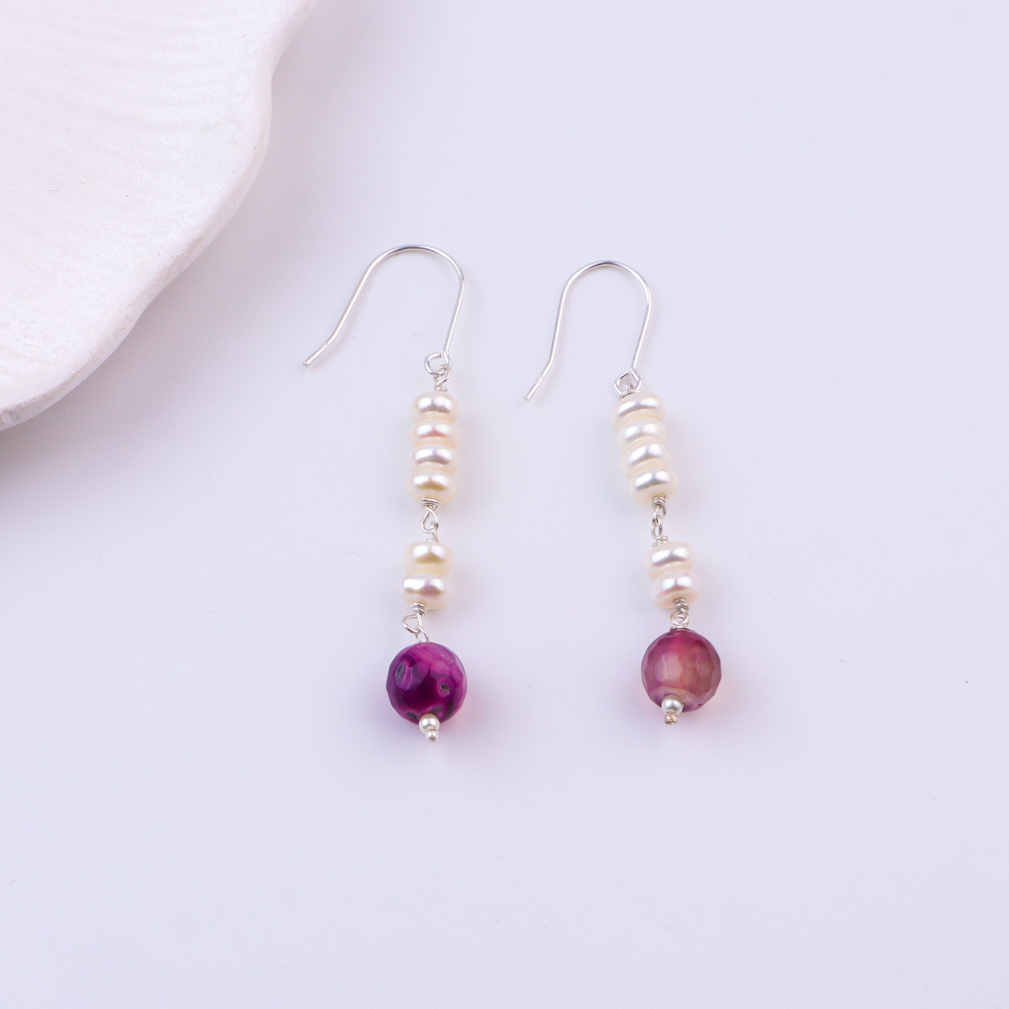Purple Agate & Freshwater Pearl Silver Earrings (Project Handmade)