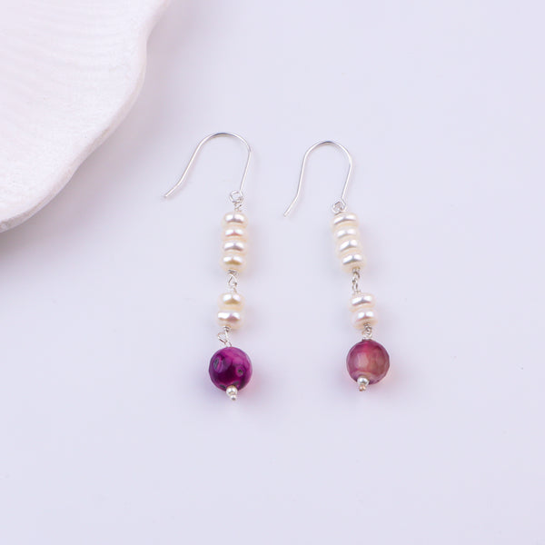 Purple Agate & Freshwater Pearl Silver Earrings (Project Handmade)