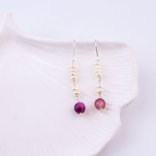 Purple Agate & Freshwater Pearl Silver Earrings (Project Handmade)