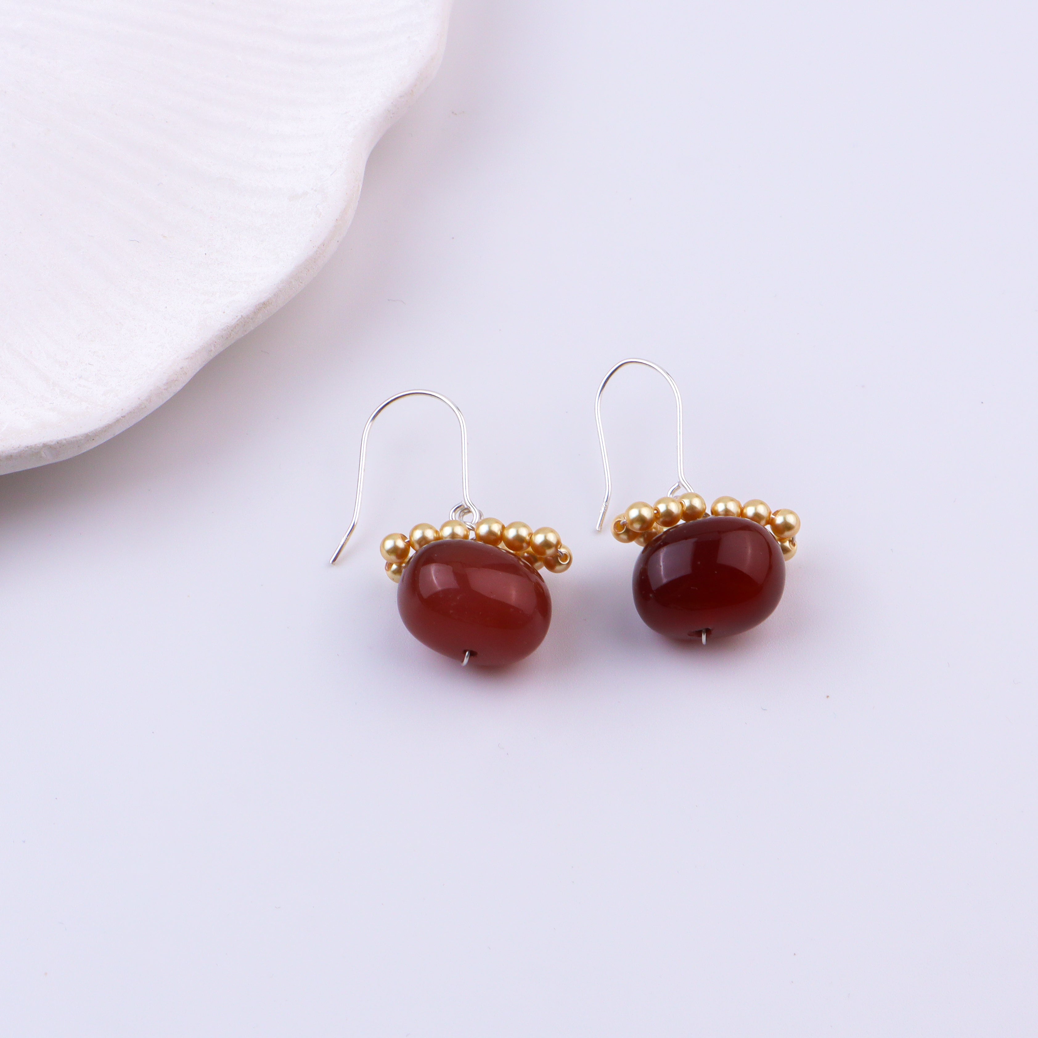 Brown Agate & Golden Pearl Silver Earrings (Project Handmade)