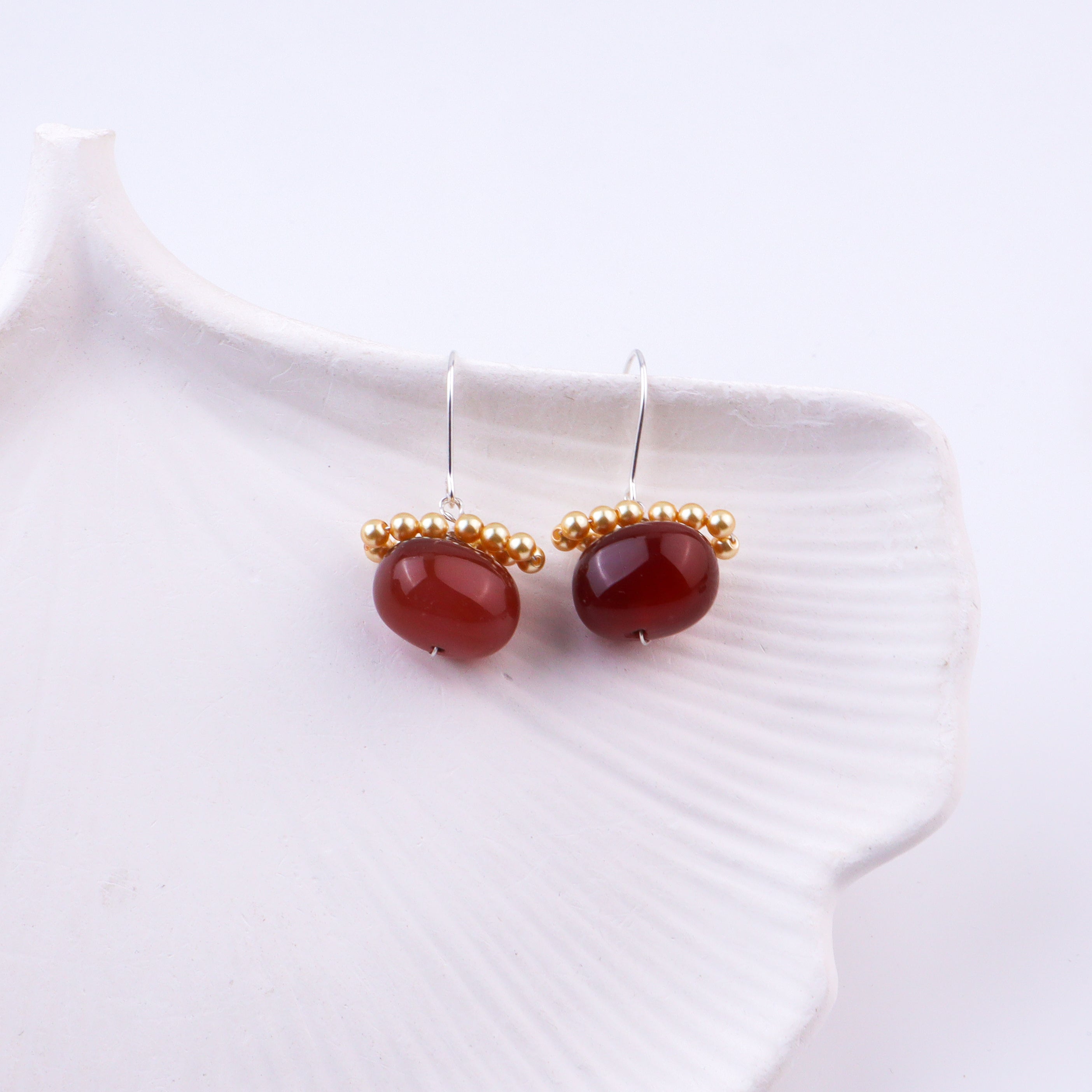 Brown Agate & Golden Pearl Silver Earrings (Project Handmade)