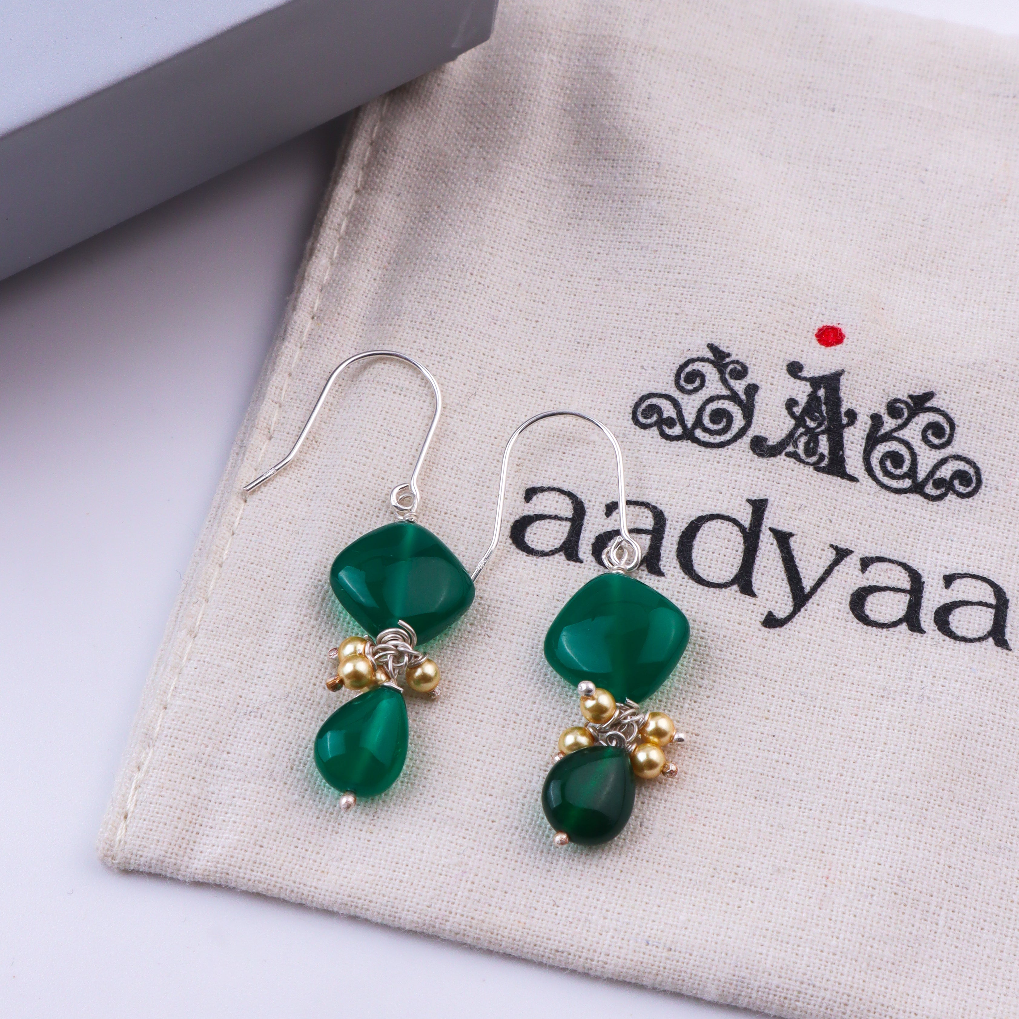 Green Onyx & Golden Pearl Silver Earrings (Project Handmade)