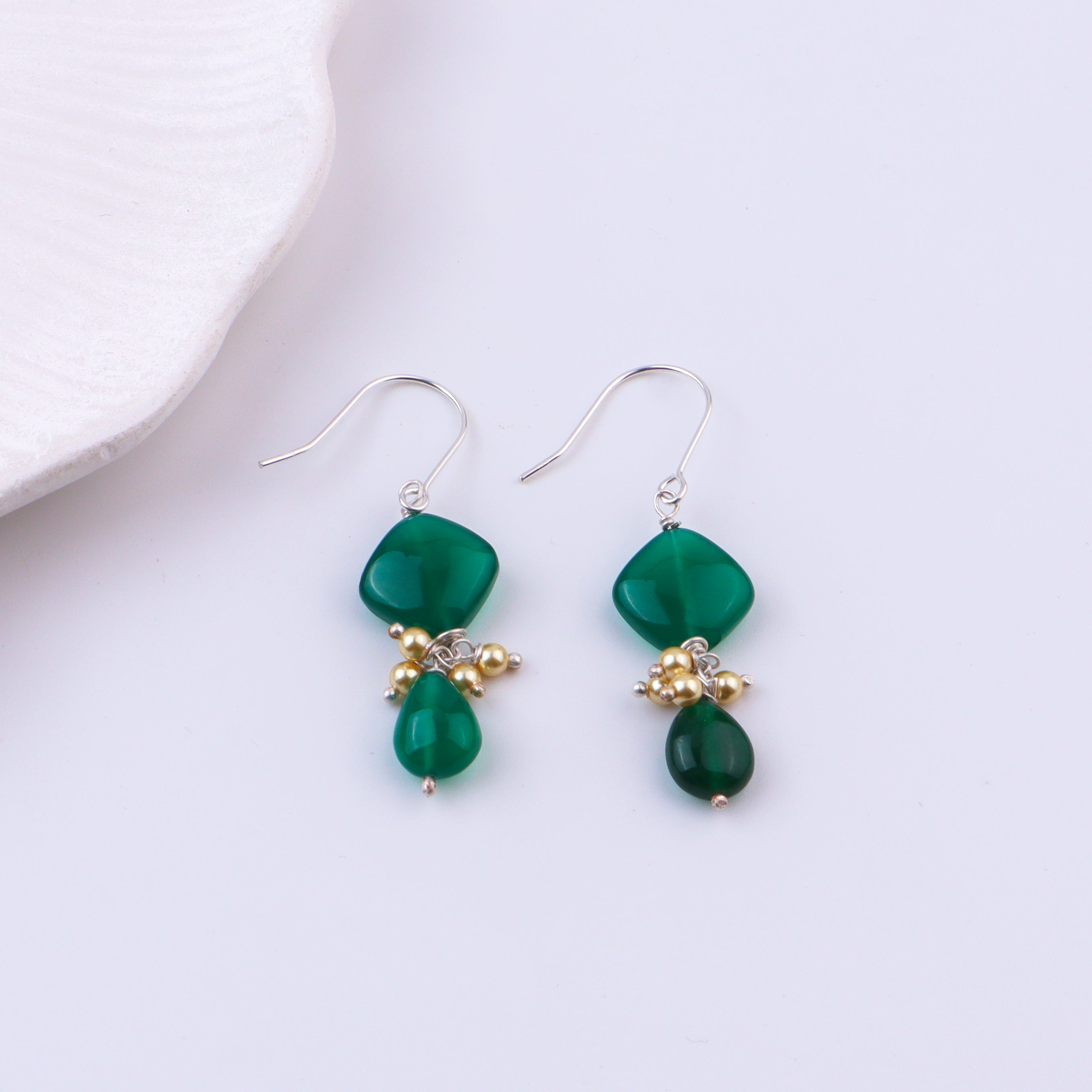 Green Onyx & Golden Pearl Silver Earrings (Project Handmade)