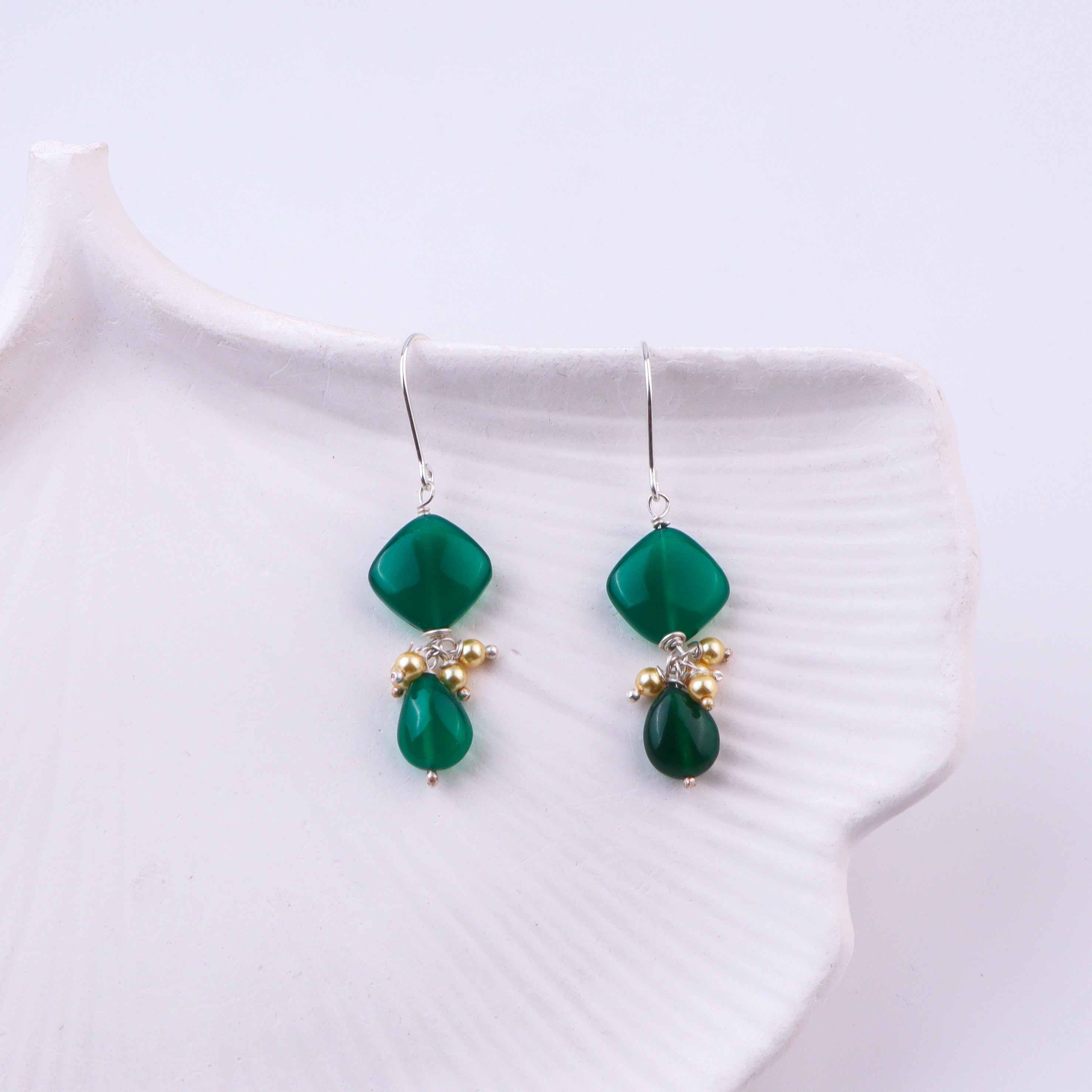 Green Onyx & Golden Pearl Silver Earrings (Project Handmade)