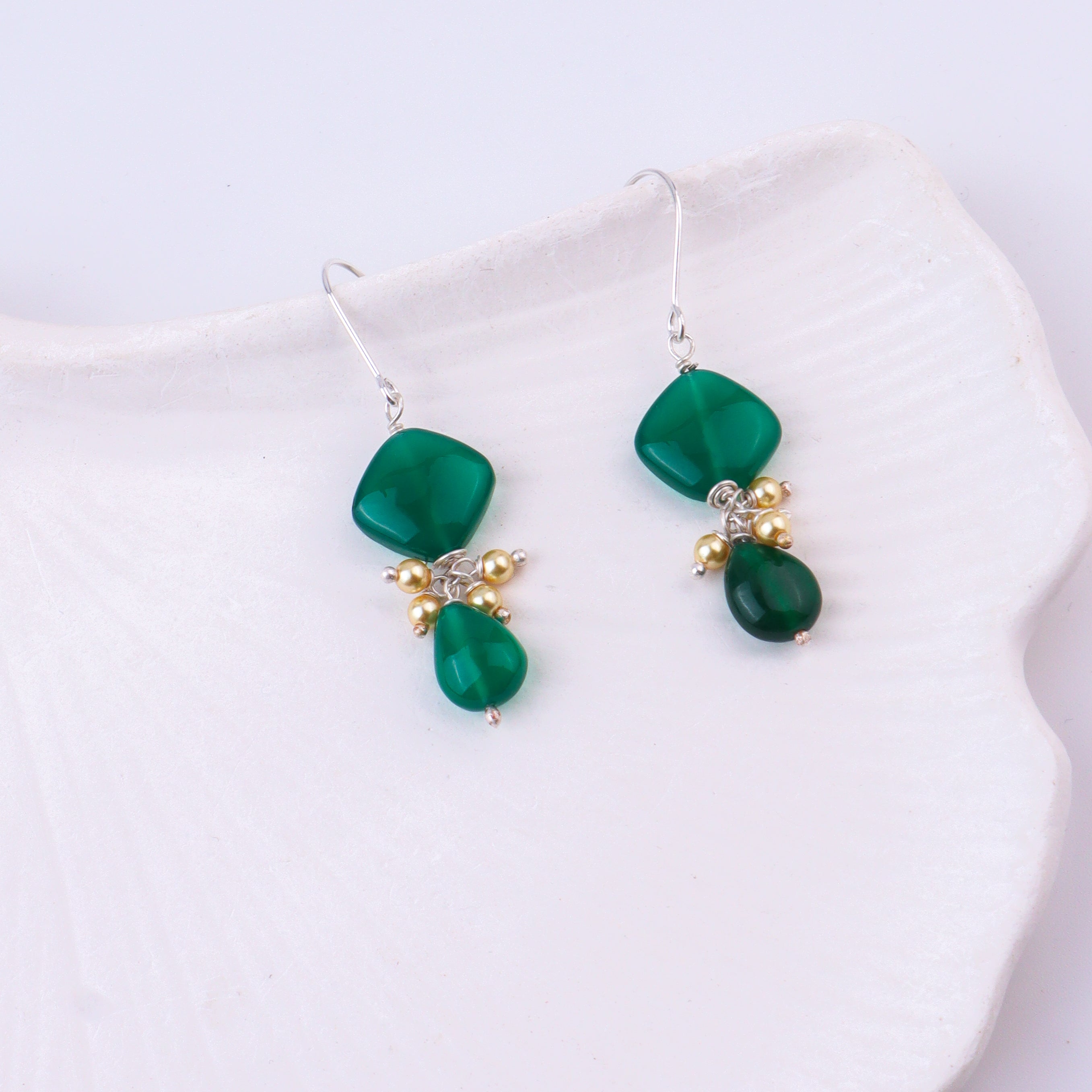 Green Onyx & Golden Pearl Silver Earrings (Project Handmade)