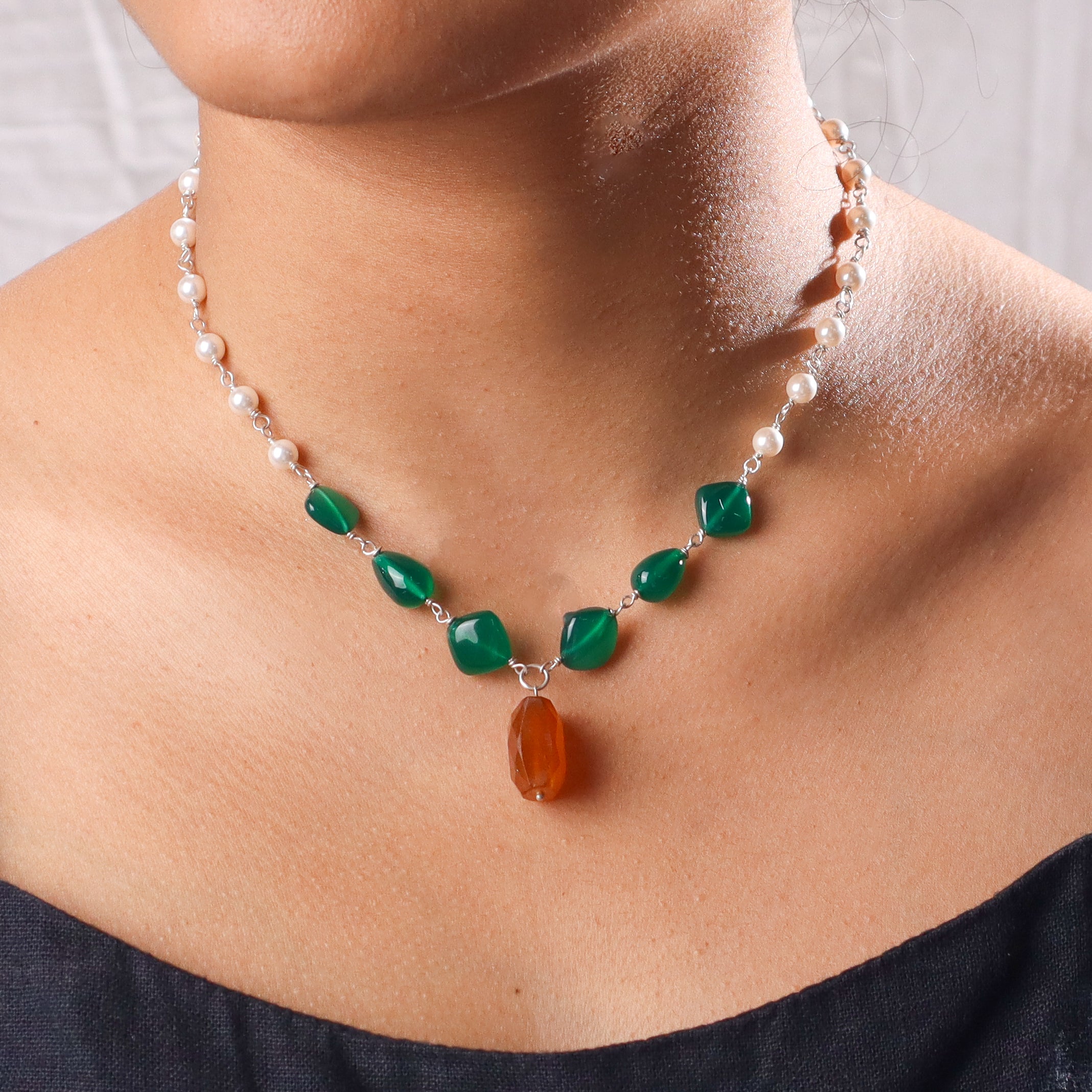 Multicolour Stone Necklace with Pearl Ganthan