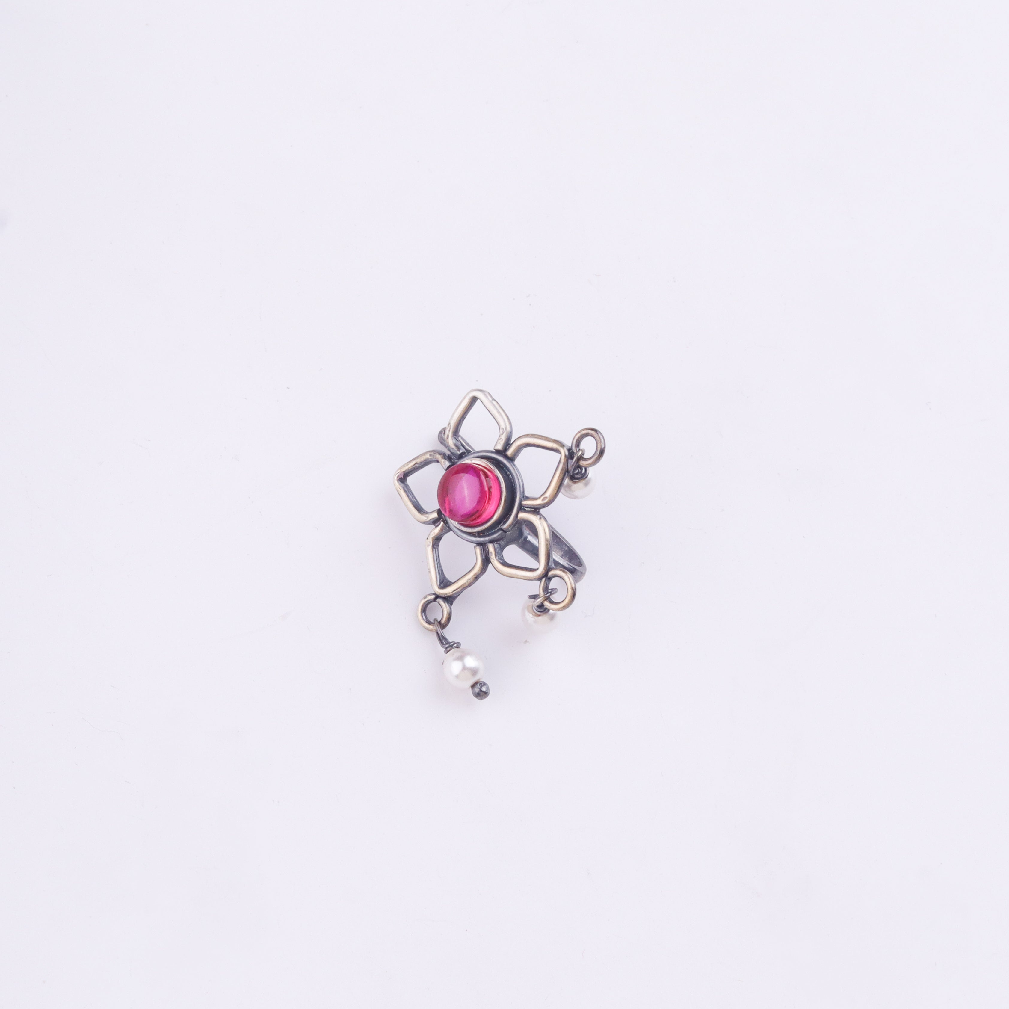 Oxidised Pink Flower Clip-On Nose Pin (Large)