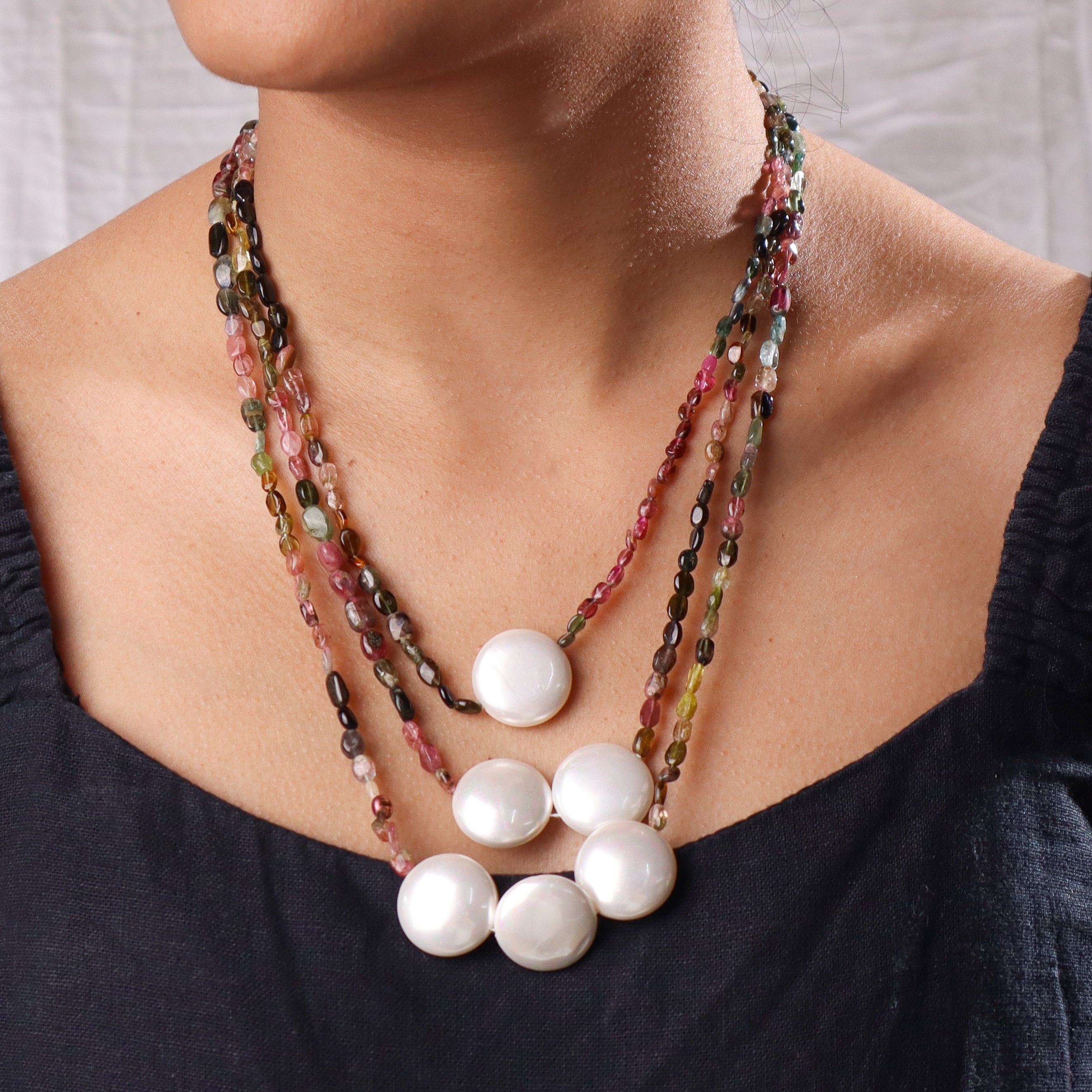 Layered Tourmaline Coin Pearl Necklace