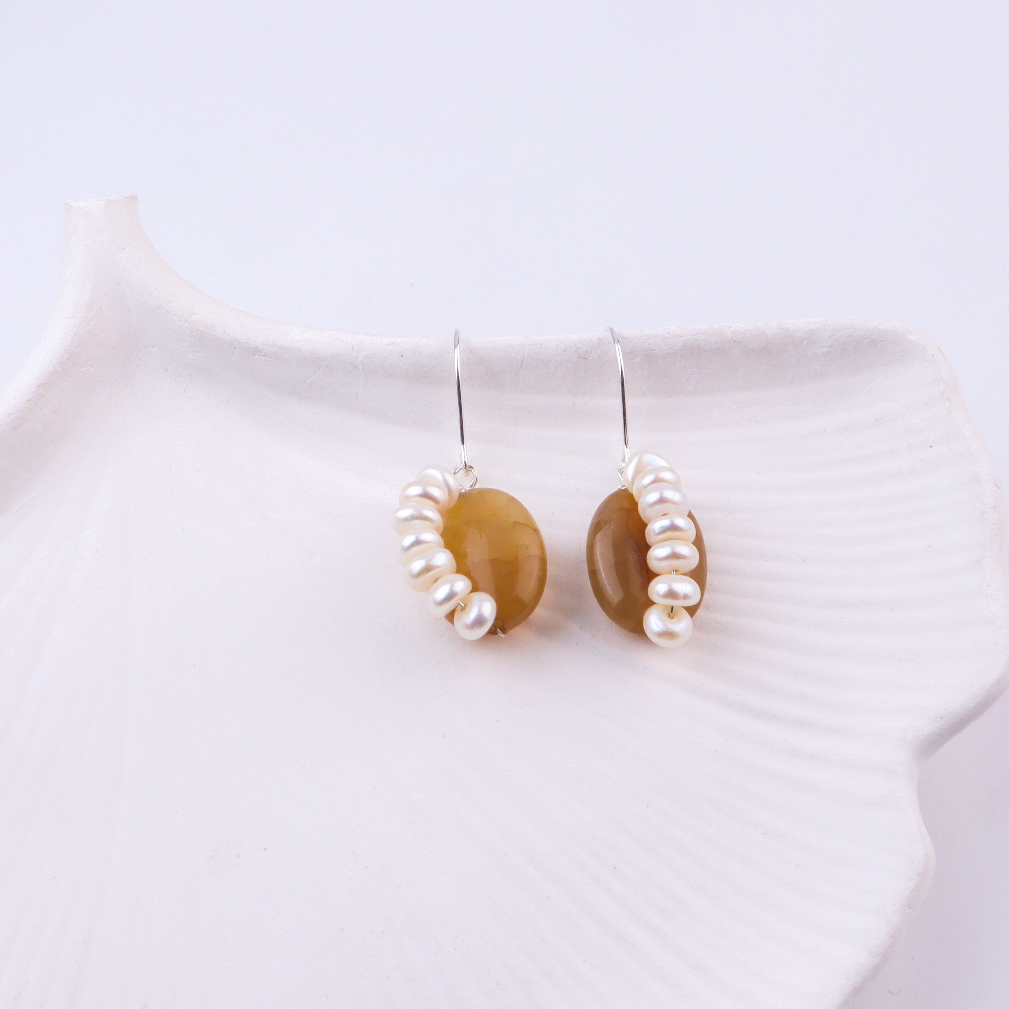 Yellow Agate & Freshwater Pearl Silver Earrings (Project Handmade)