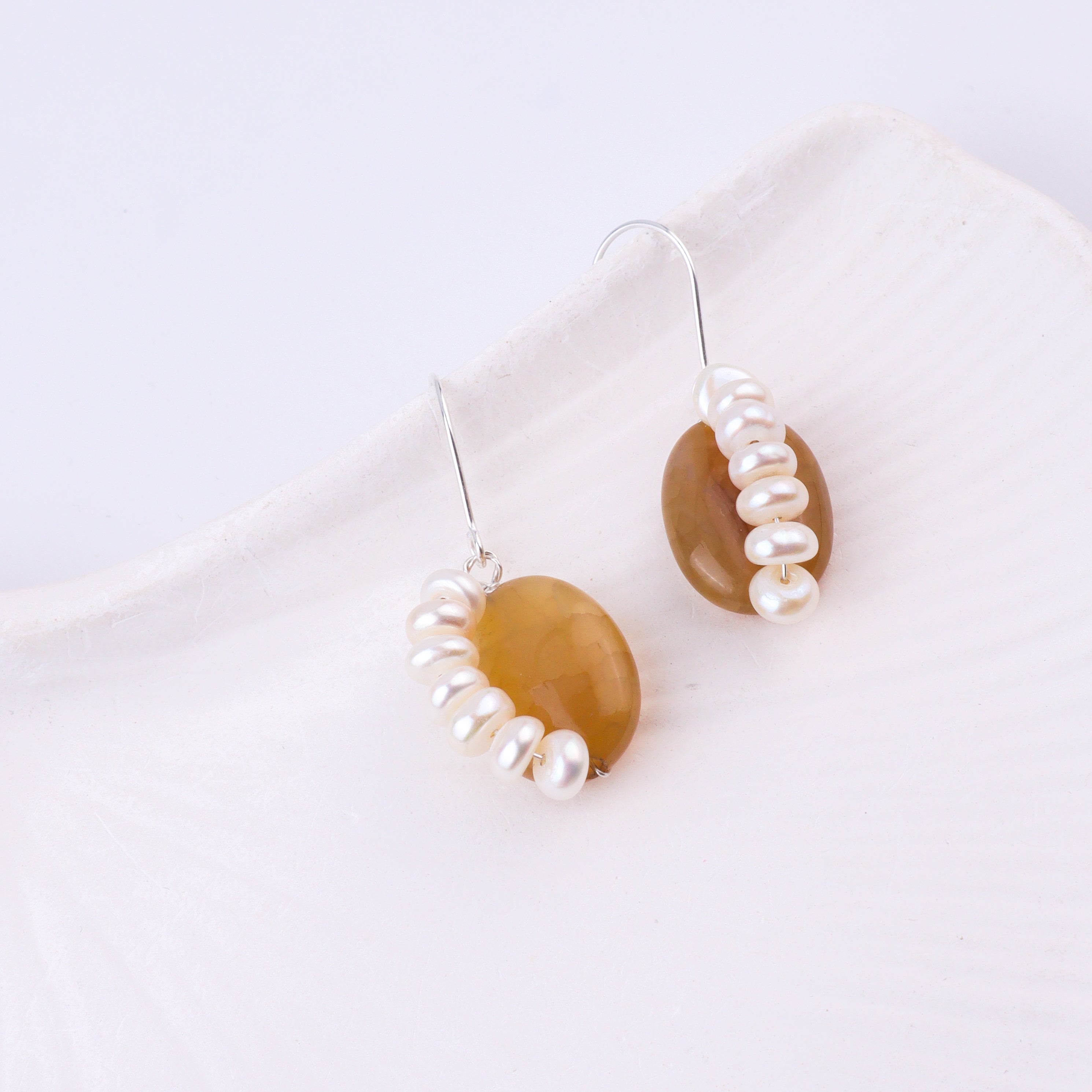 Yellow Agate & Freshwater Pearl Silver Earrings (Project Handmade)