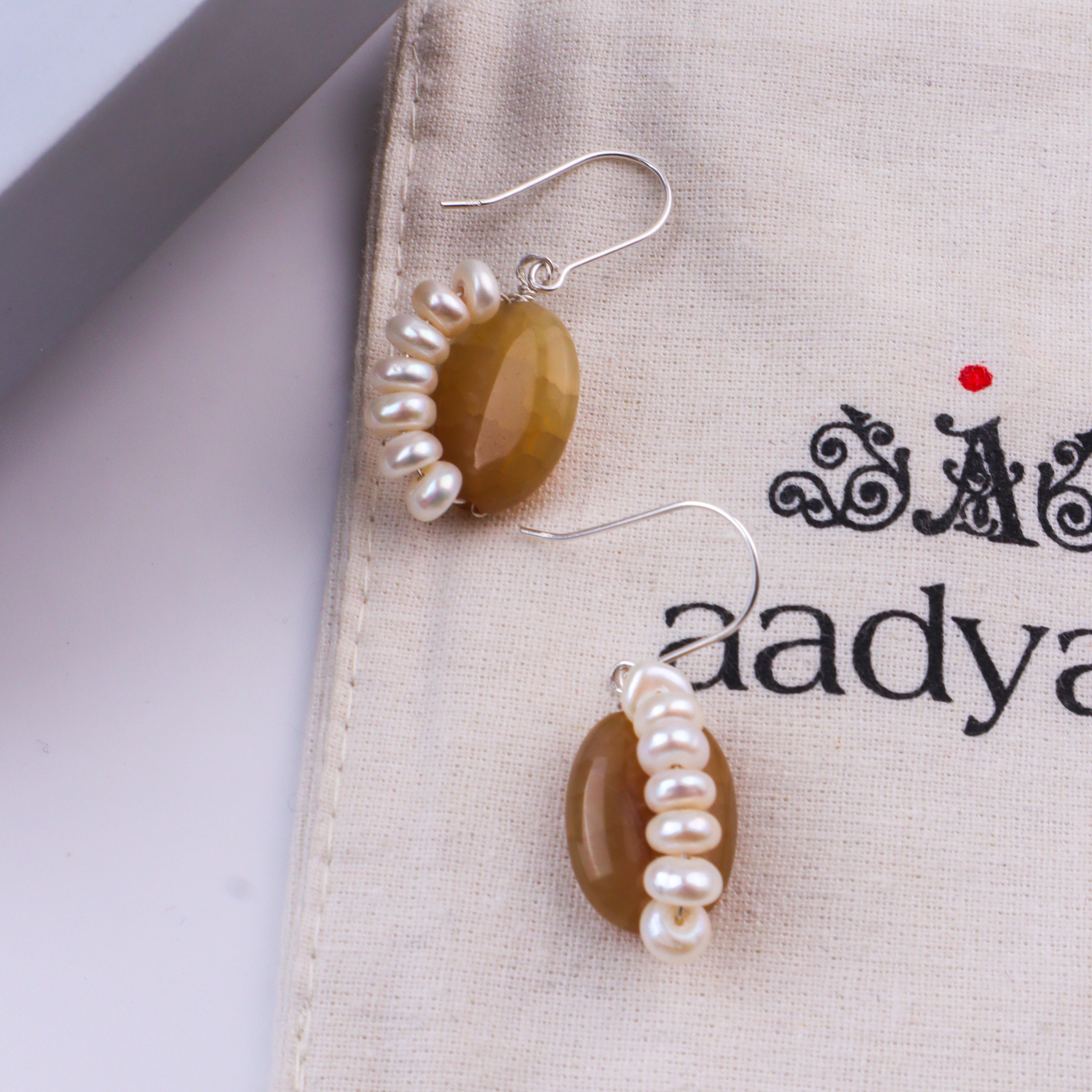 Yellow Agate & Freshwater Pearl Silver Earrings (Project Handmade)