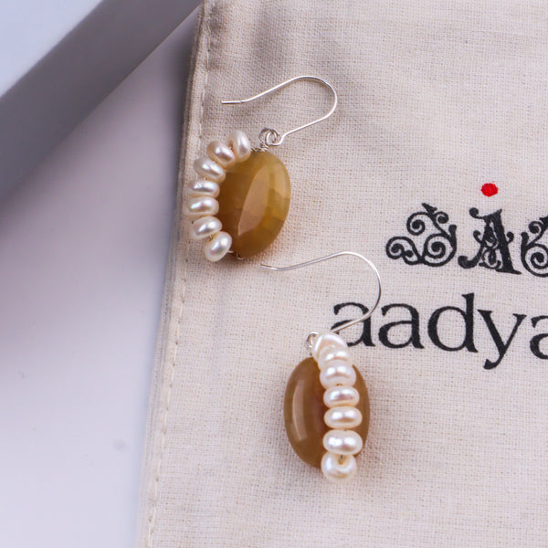 Yellow Agate & Freshwater Pearl Silver Earrings (Project Handmade)