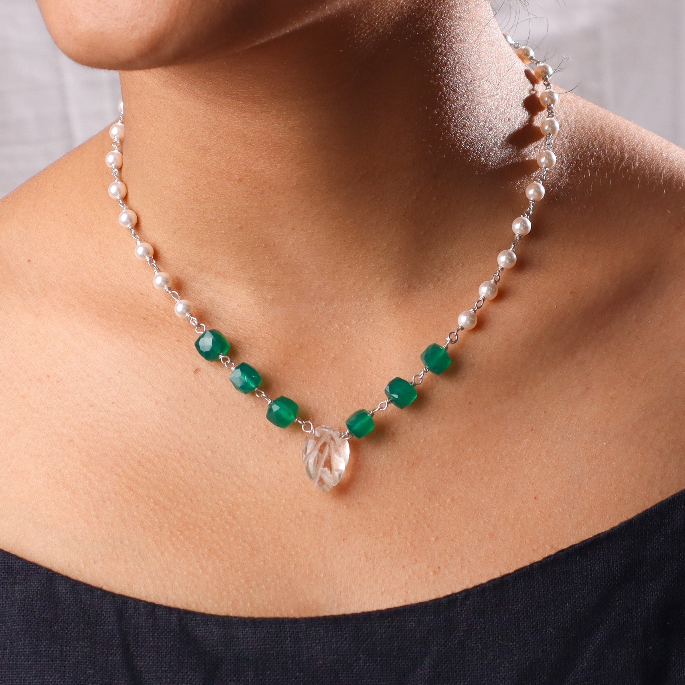 Multicolour Stone Necklace with Pearl Ganthan