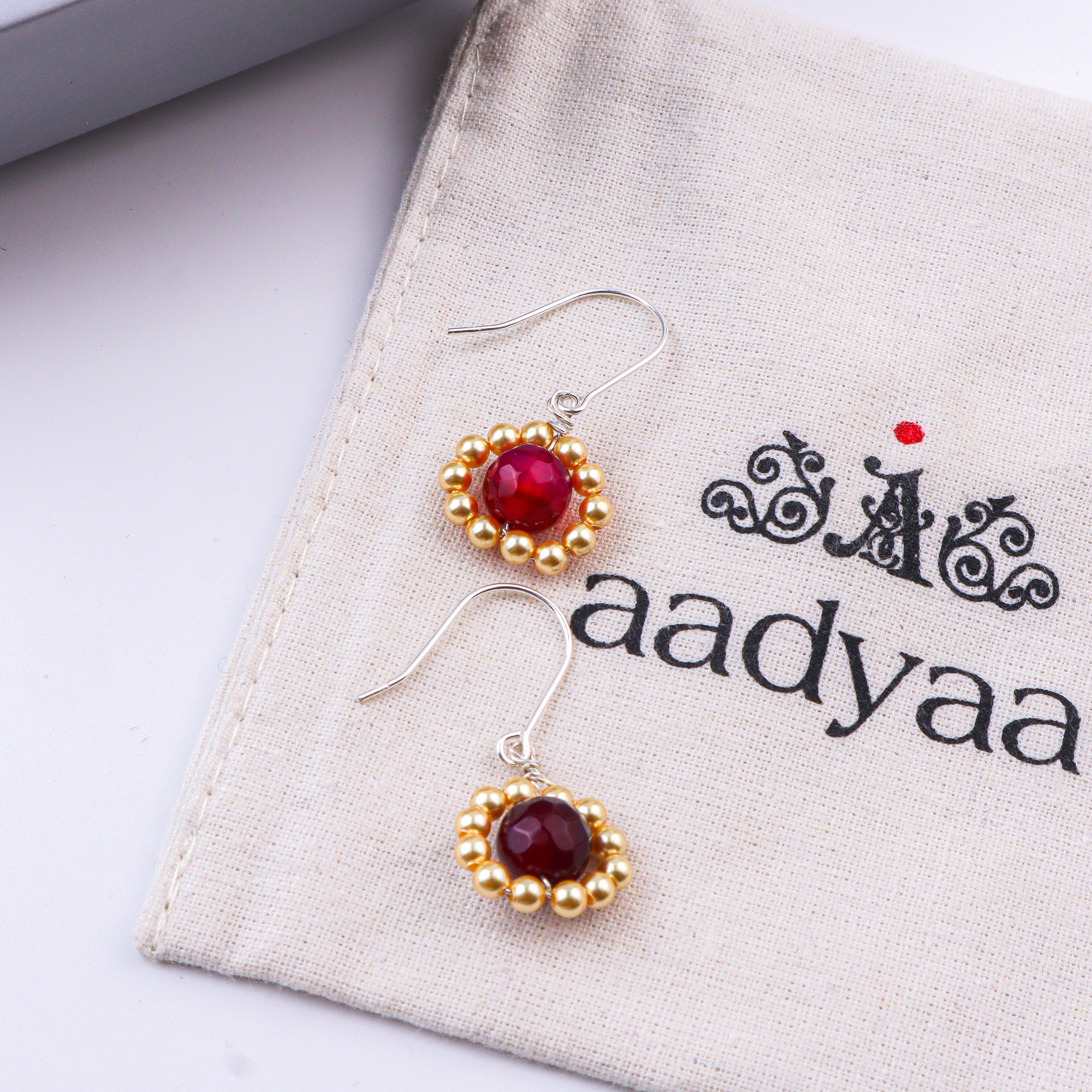 Red Agate & Golden Pearl Silver Earrings (Project Handmade)
