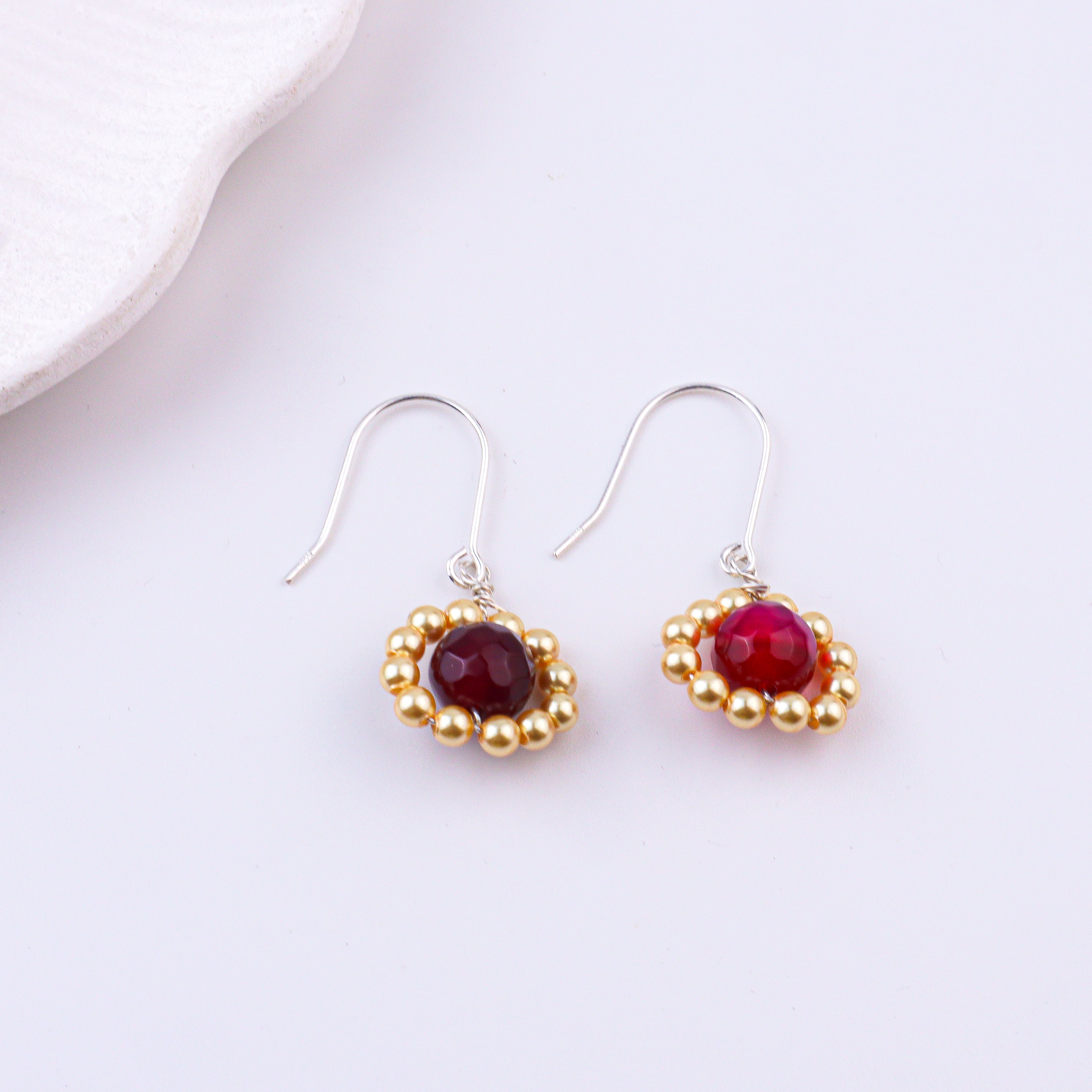 Red Agate & Golden Pearl Silver Earrings (Project Handmade)