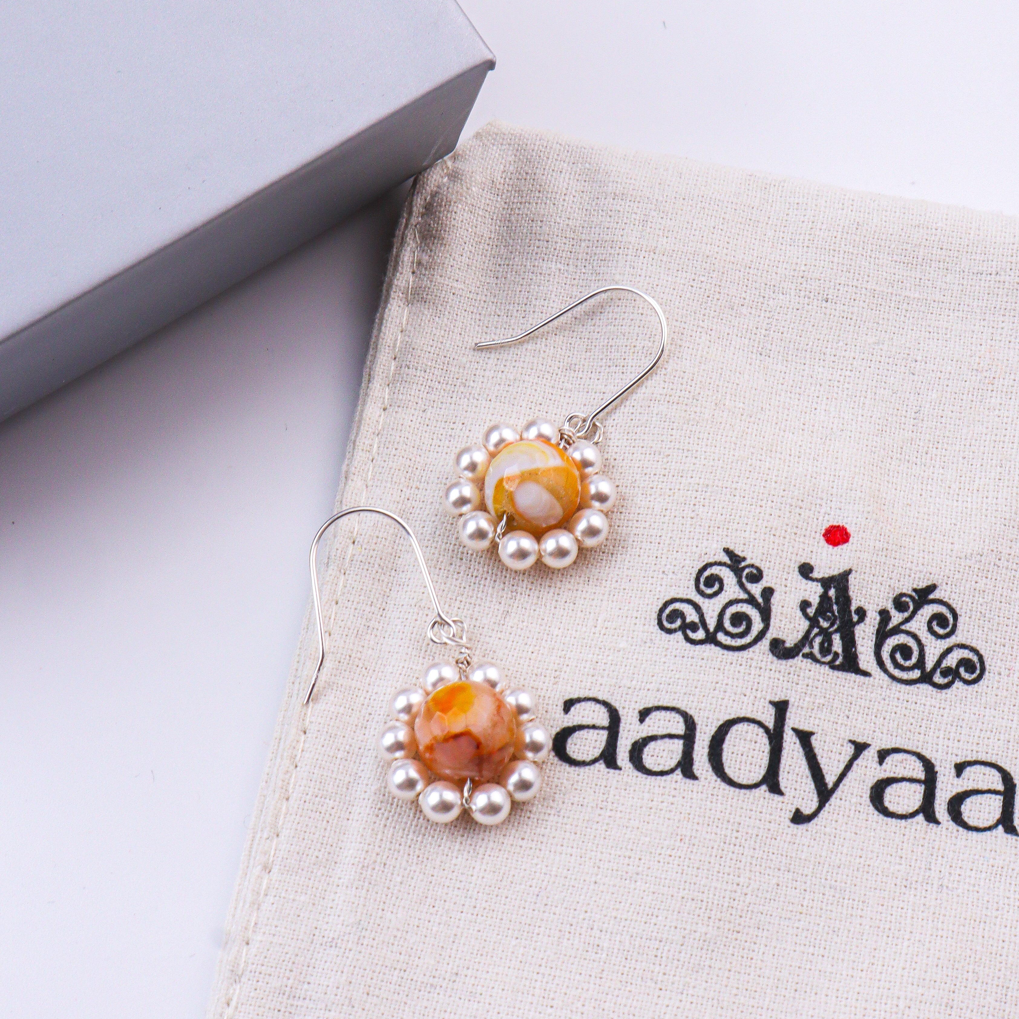 Yellow Agate & Pearl Silver Earrings (Project Handmade)