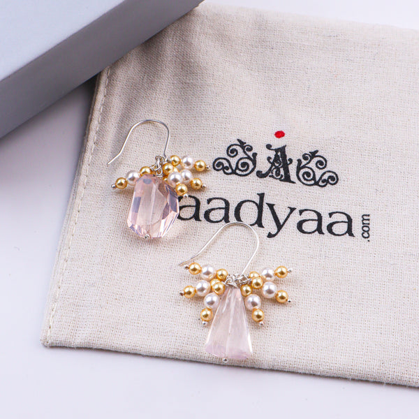 Rose Quartz, Golden & White Pearl Silver Earrings (Project Handmade)