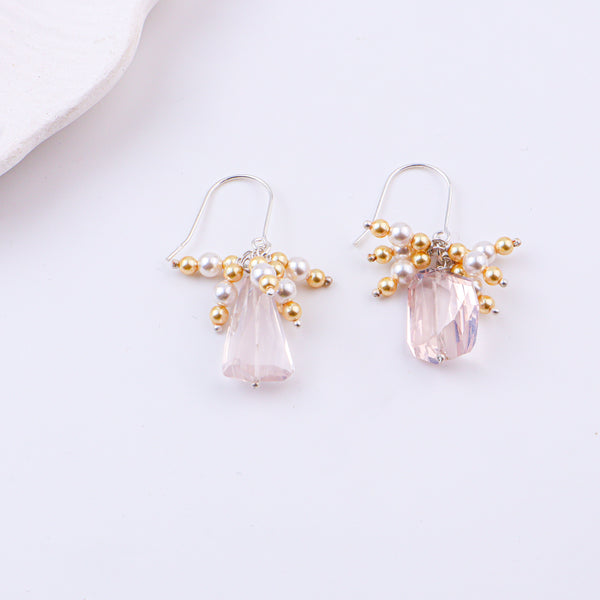 Rose Quartz, Golden & White Pearl Silver Earrings (Project Handmade)