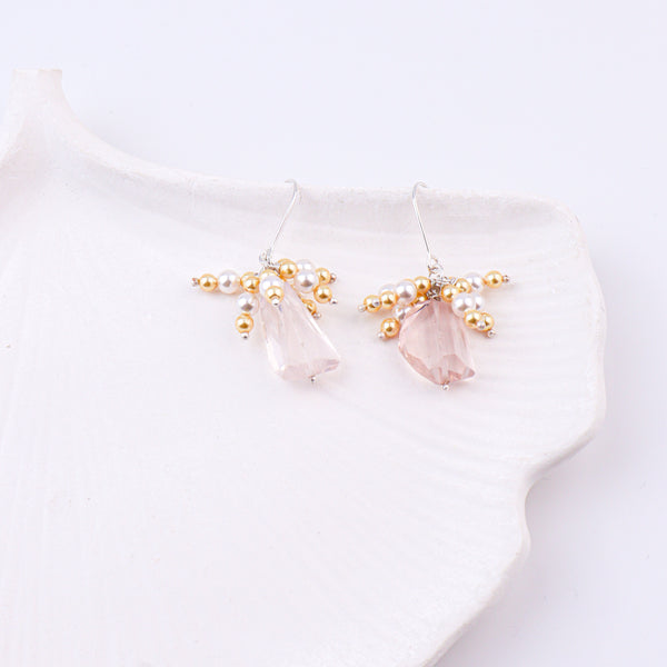 Rose Quartz, Golden & White Pearl Silver Earrings (Project Handmade)
