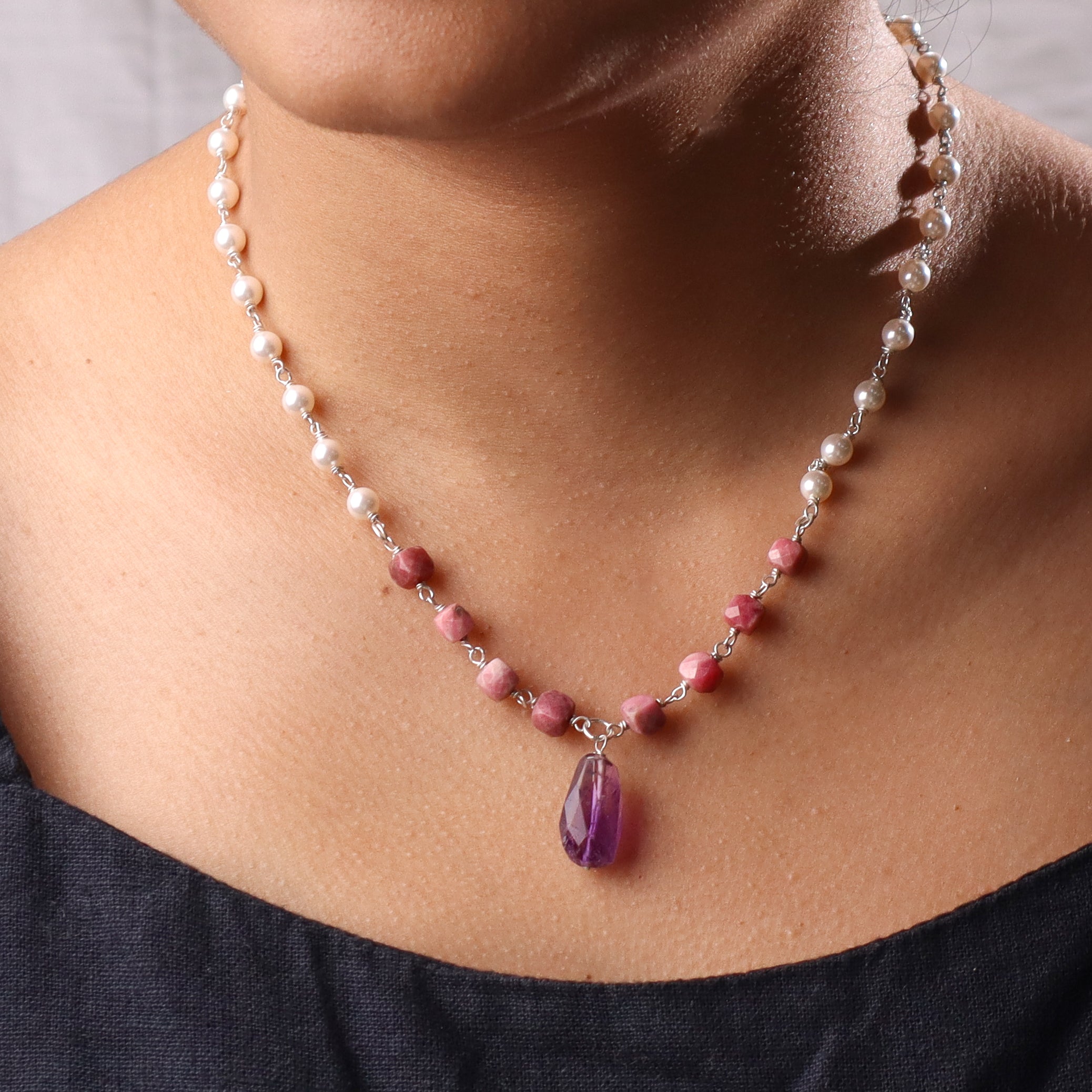 Multicolour Stone Necklace with Pearl Ganthan