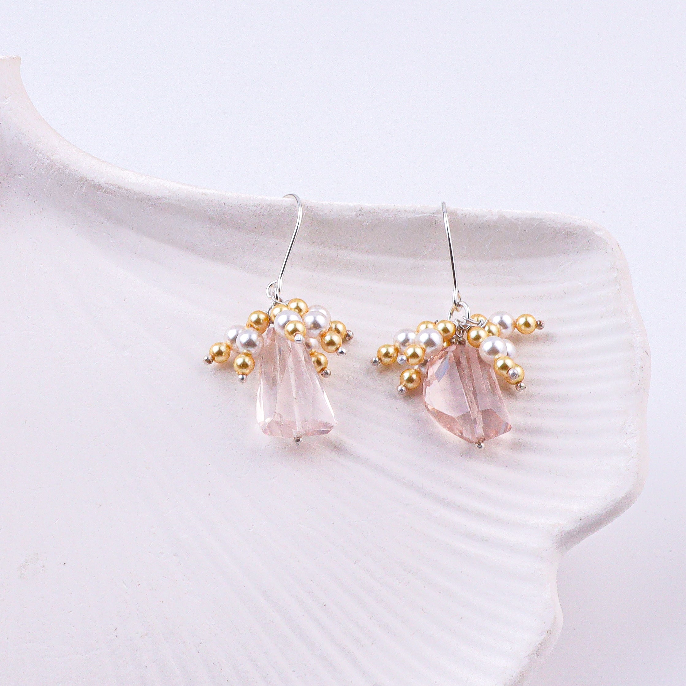 Rose Quartz, Golden & White Pearl Silver Earrings (Project Handmade)