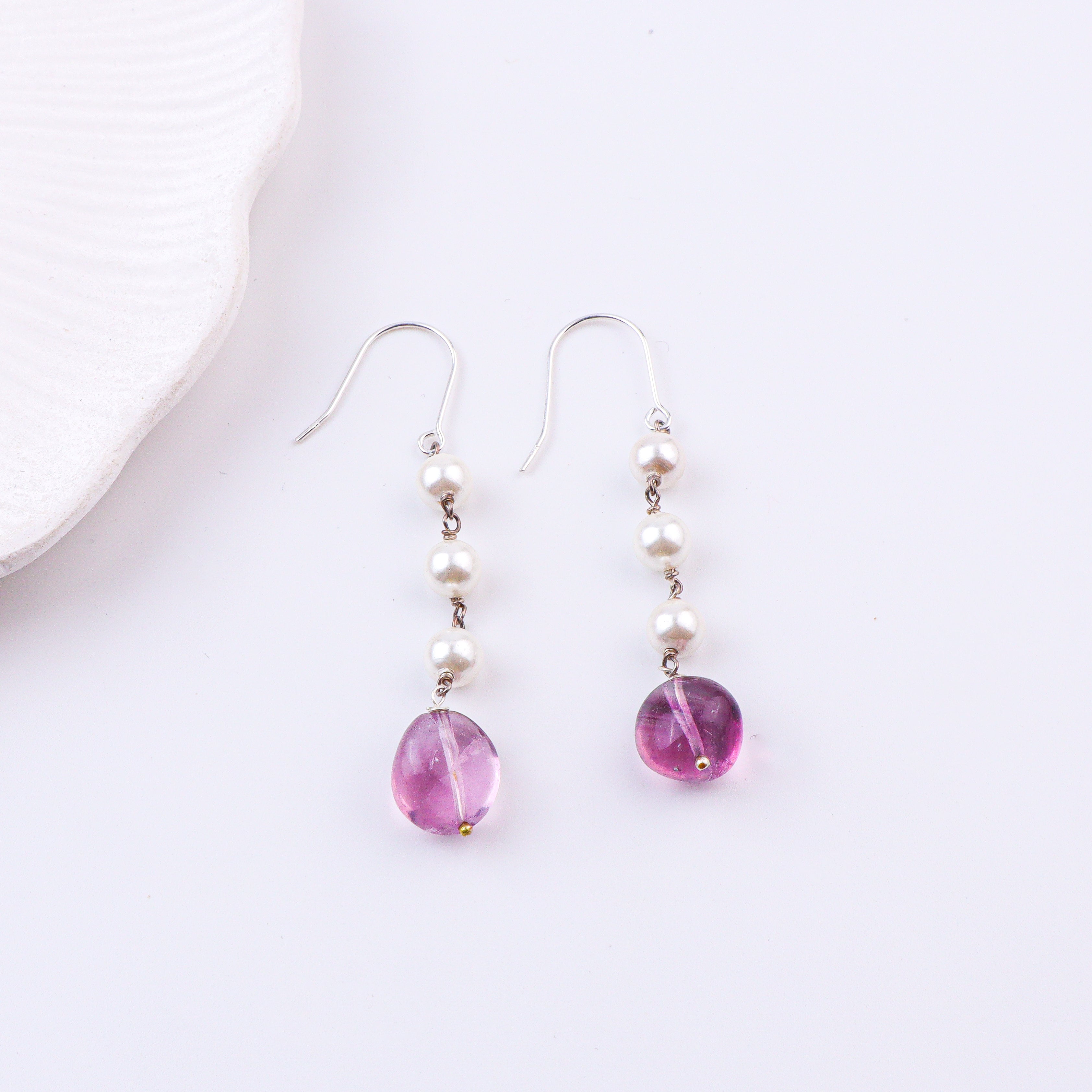 Purple Agate & Pearl Silver Earrings (Project Handmade)