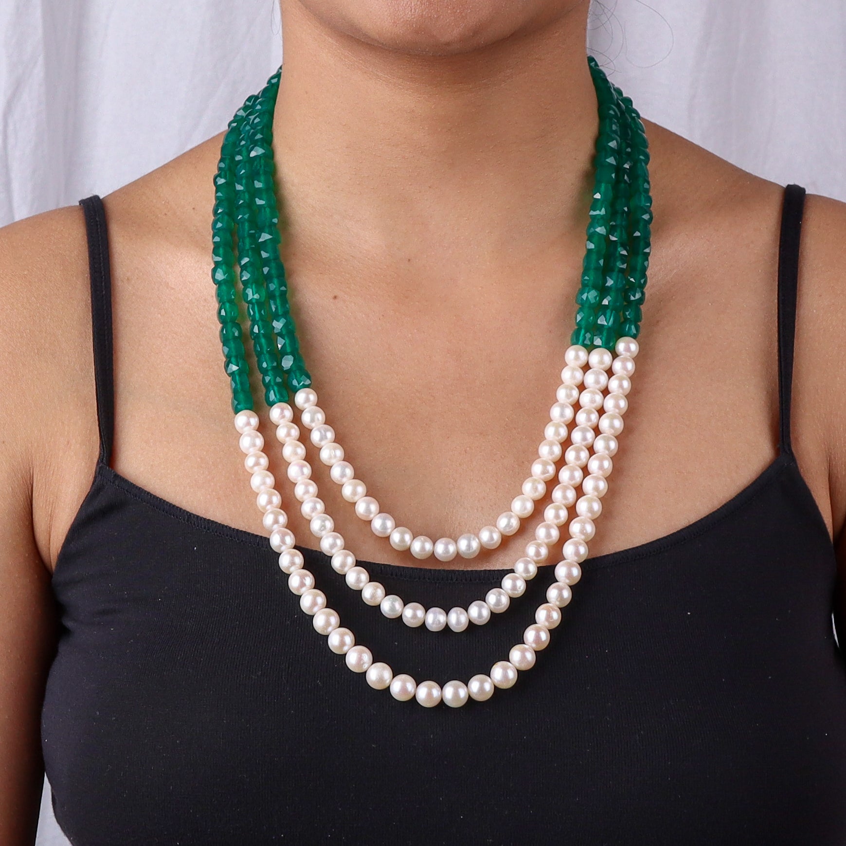 Luxe Necklace - Green Onyx & Fresh Water Pearls