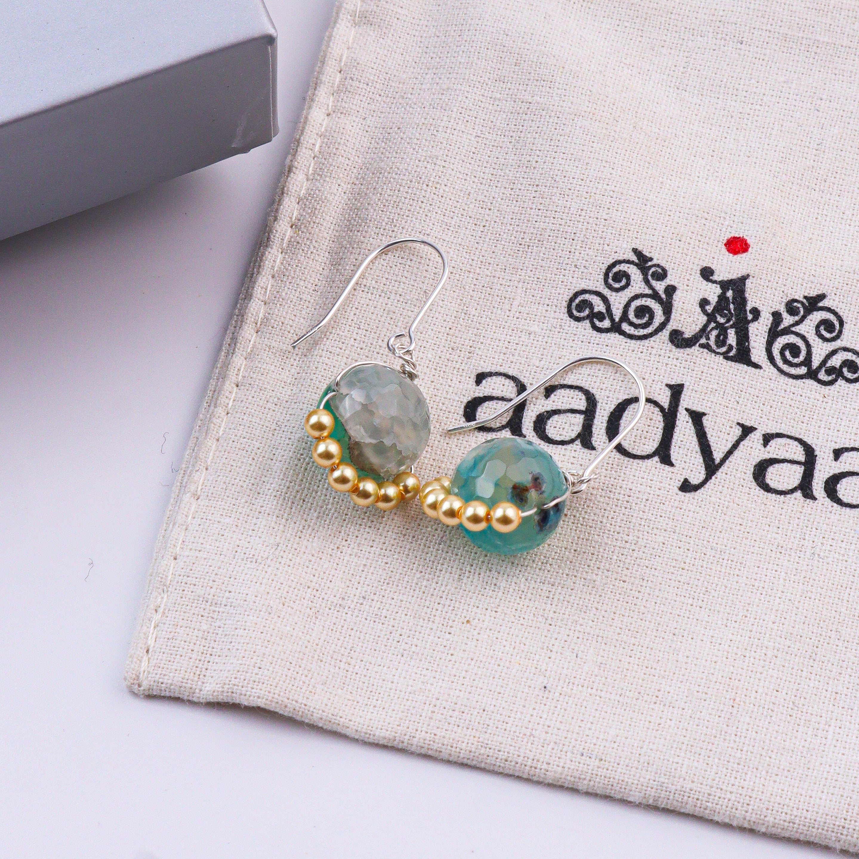Blue Agate & Golden Pearl Silver Earrings (Project Handmade)