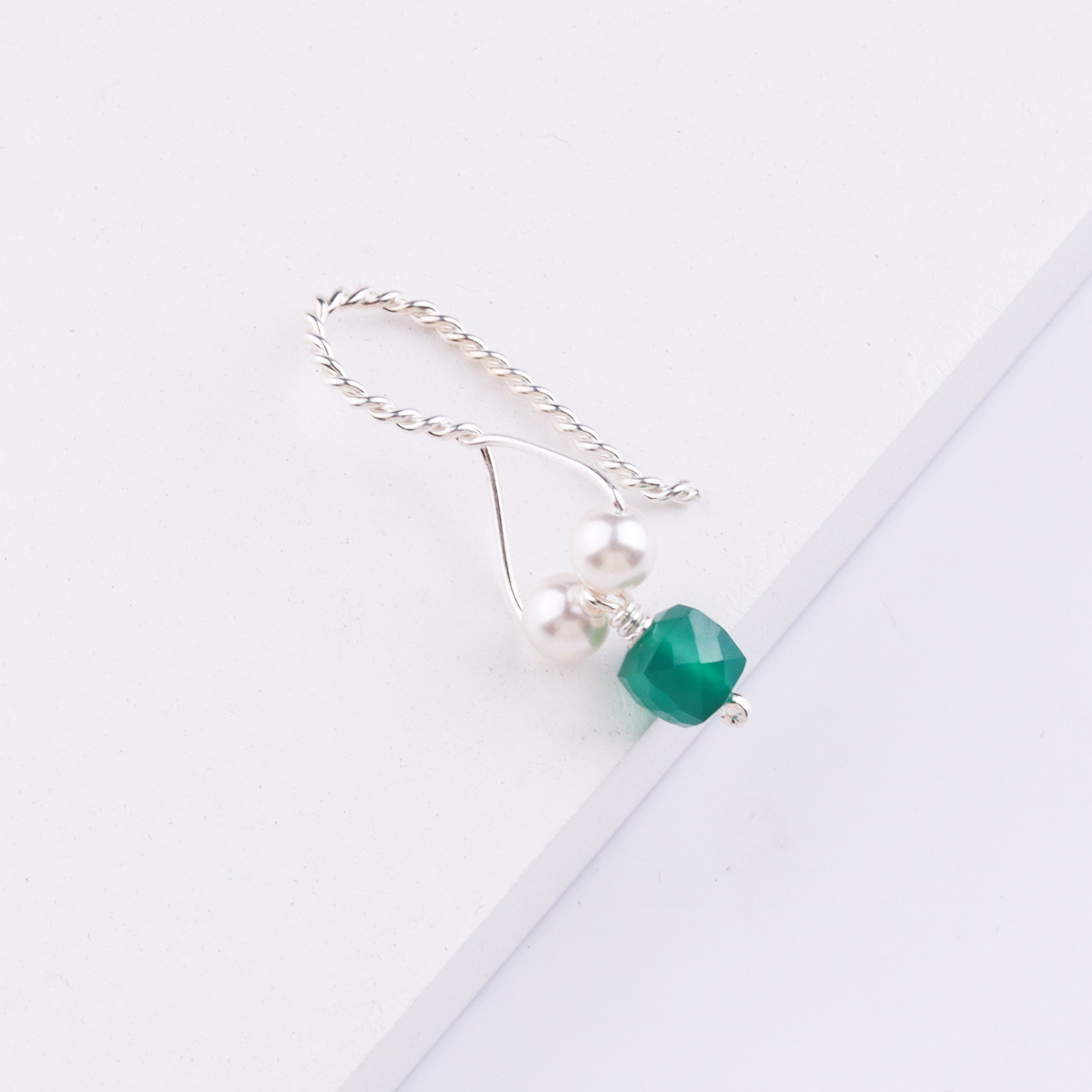 Silver Bhikbali with Square Green Onyx (Clip-On)