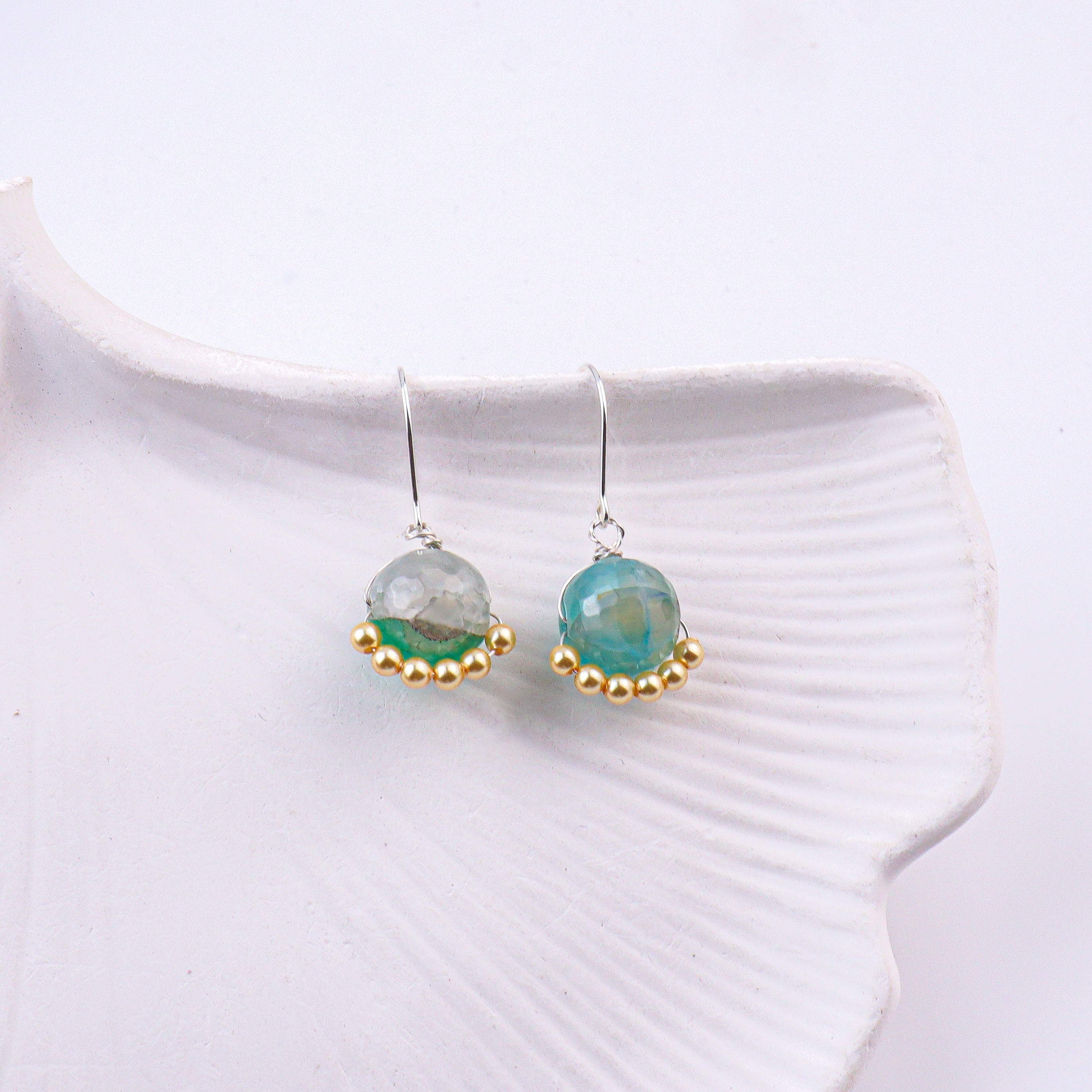 Blue Agate & Golden Pearl Silver Earrings (Project Handmade)