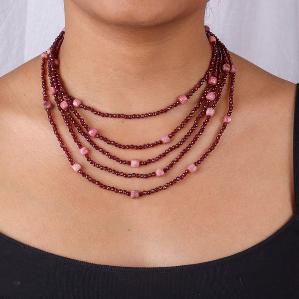Multi-layer garnet and pink opal beaded necklace