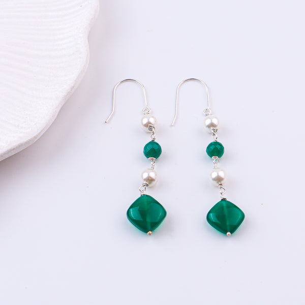 Green Onyx & Pearl Silver Earrings (Project Handmade)