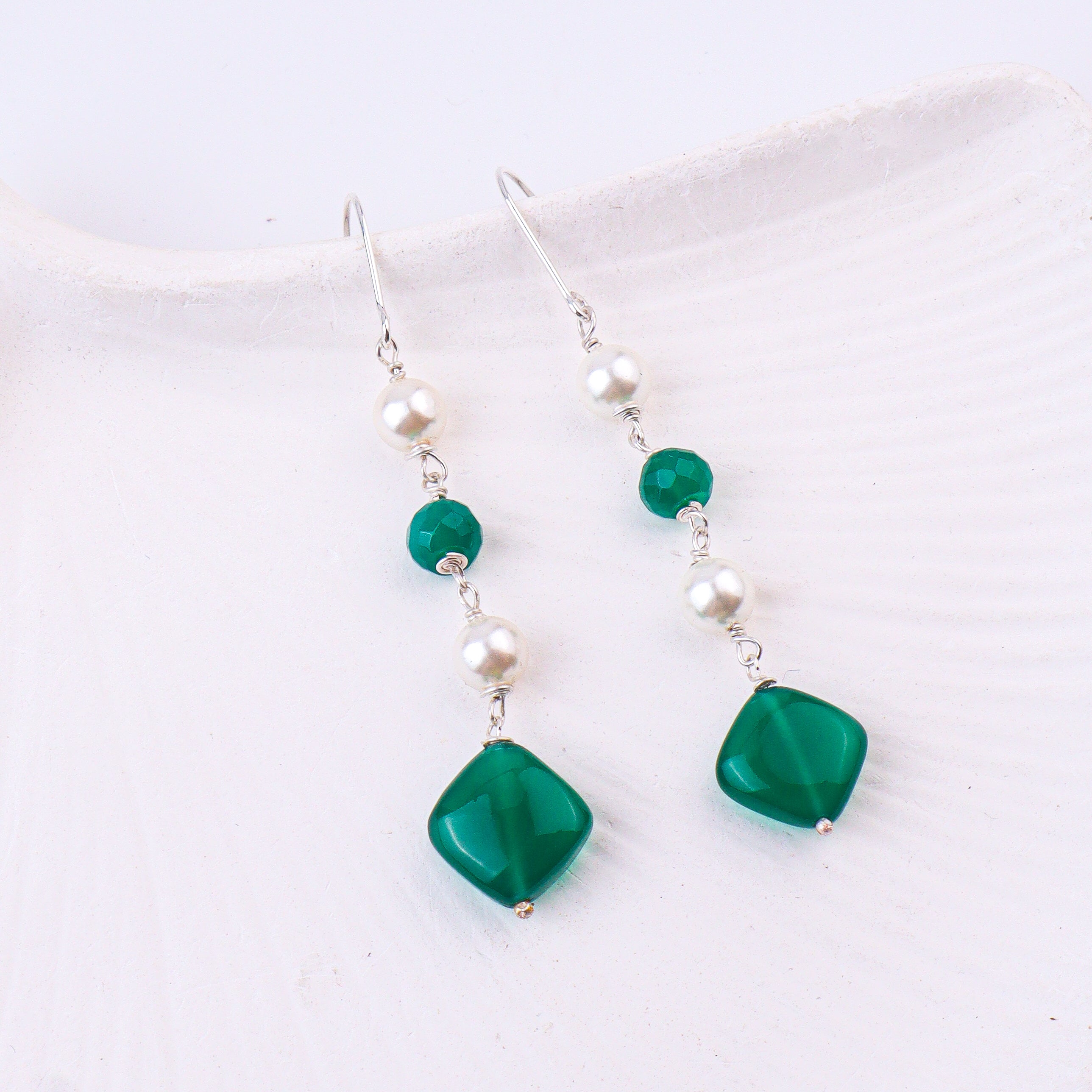 Green Onyx & Pearl Silver Earrings (Project Handmade)