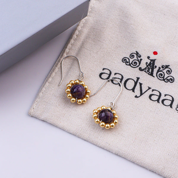Purple Agate & Golden Pearl Silver Earrings (Project Handmade)