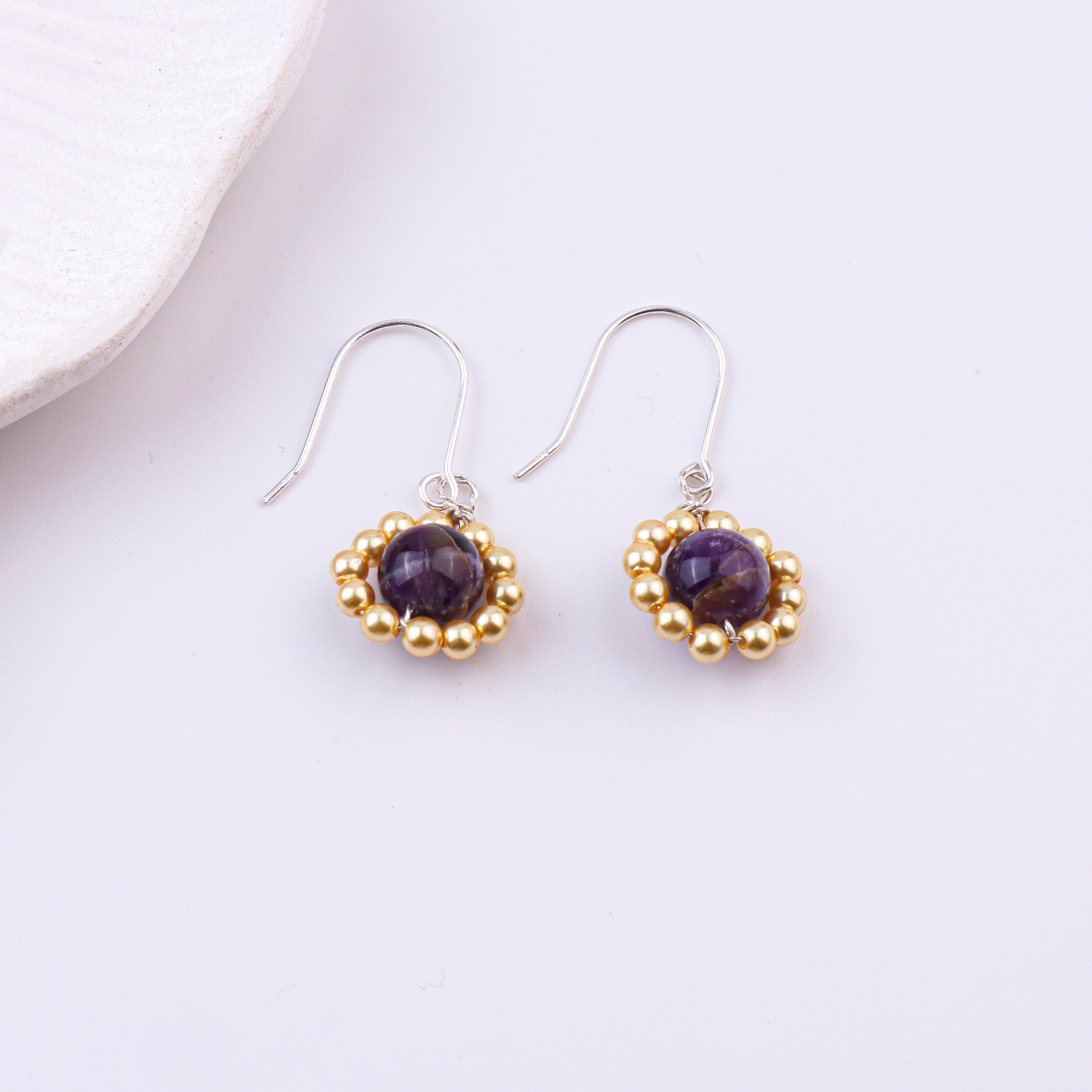 Purple Agate & Golden Pearl Silver Earrings (Project Handmade)