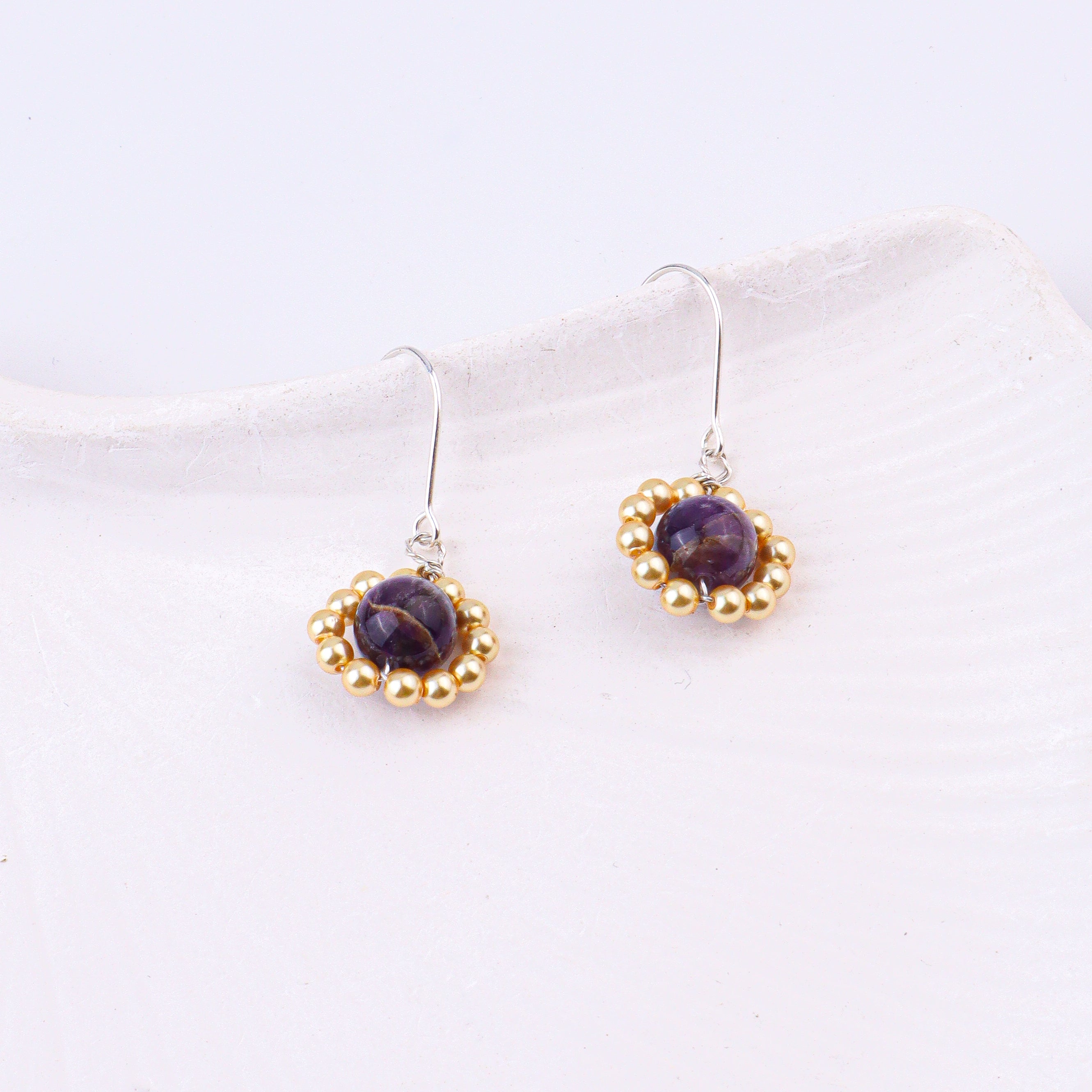 Purple Agate & Golden Pearl Silver Earrings (Project Handmade)